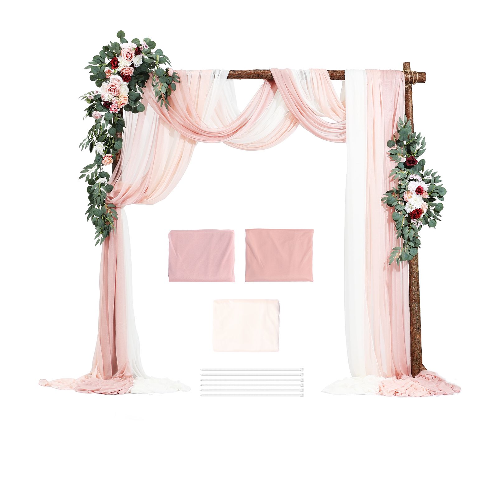 Rosa Hochzeitsbogen-blumen-set, 5-teilig – 2 Blumenarrangements, 3 Transparente Schleier, Für Zeremonie, Brautstrauß, Empfang, Hintergrunddekoration