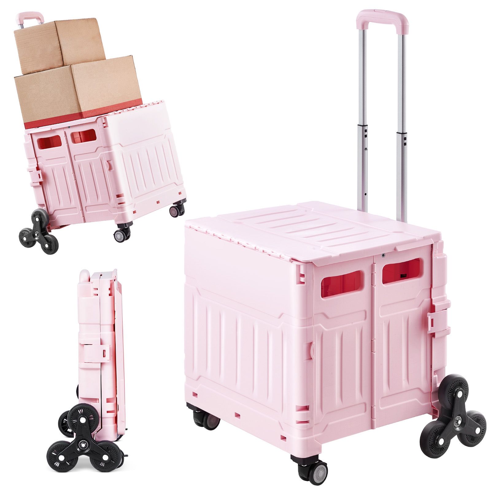 Faltbarer Transportwagen Mit 65 Litern Volumen, Geländegängigen Und Um 360° Schwenkbaren Rädern, Teleskopgriff Für Einkäufe, Büro Und Umzüge, Rosa.