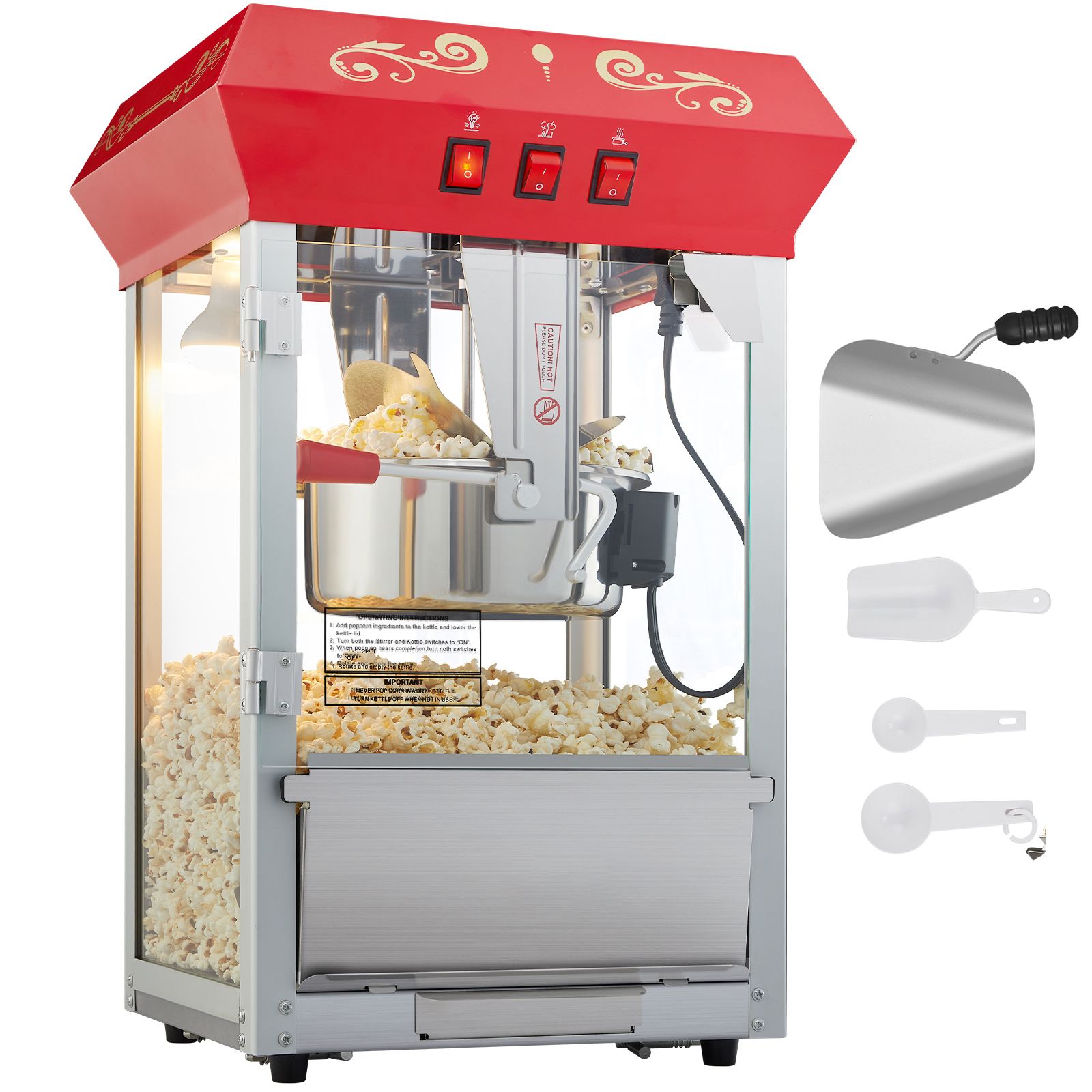 850-watt-popcornmaschine, 8 Unzen, 48 Tassen Pro Durchgang, Gehärtetes Glas, Kino-stil, 4 Löffel Inklusive, Rot.