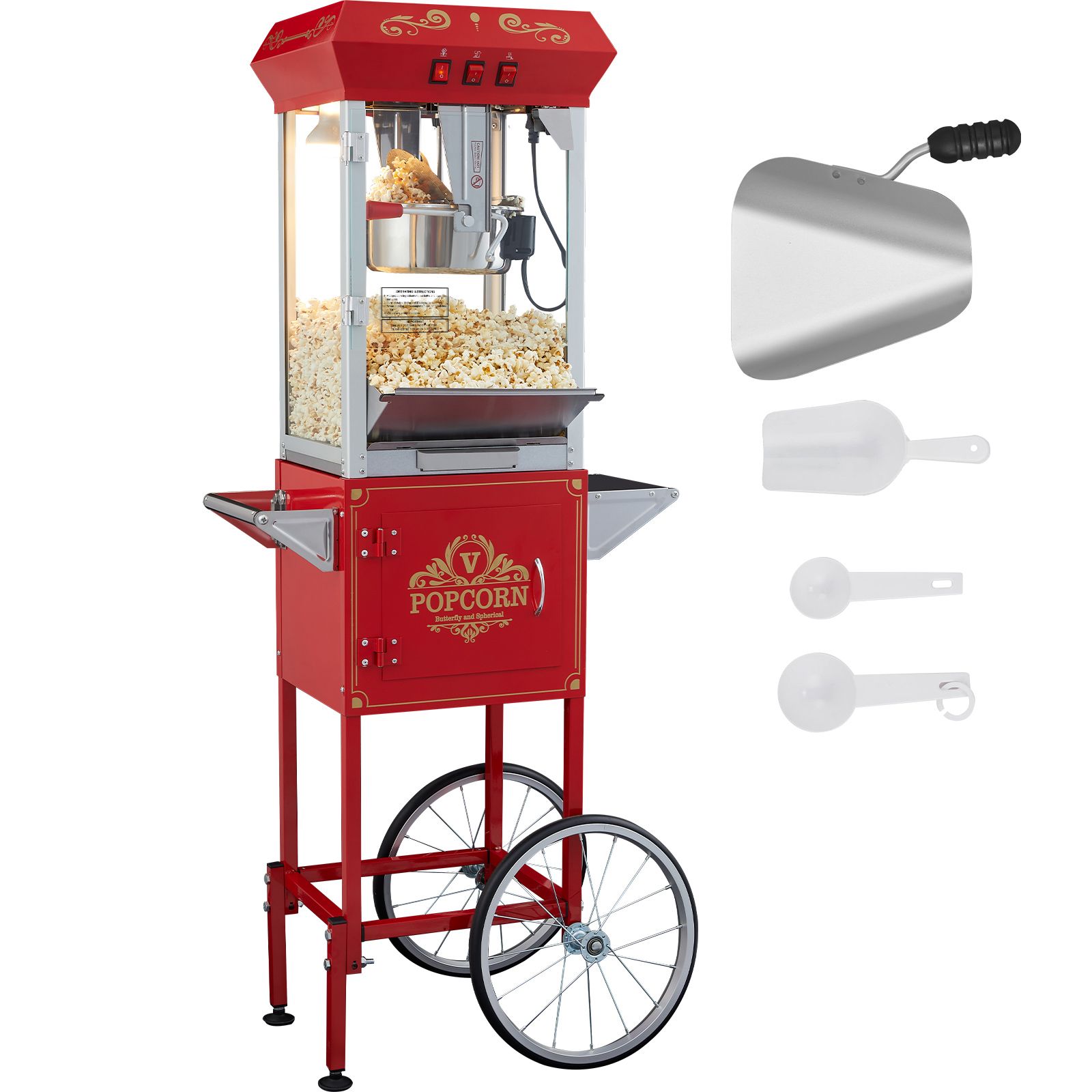 Popcornmaschine Mit Wagen, 850 W, 227 G, 48 Portionen Pro Durchgang, Gehärtetes Glas, 4 Kugeln, Kino-design, Rot