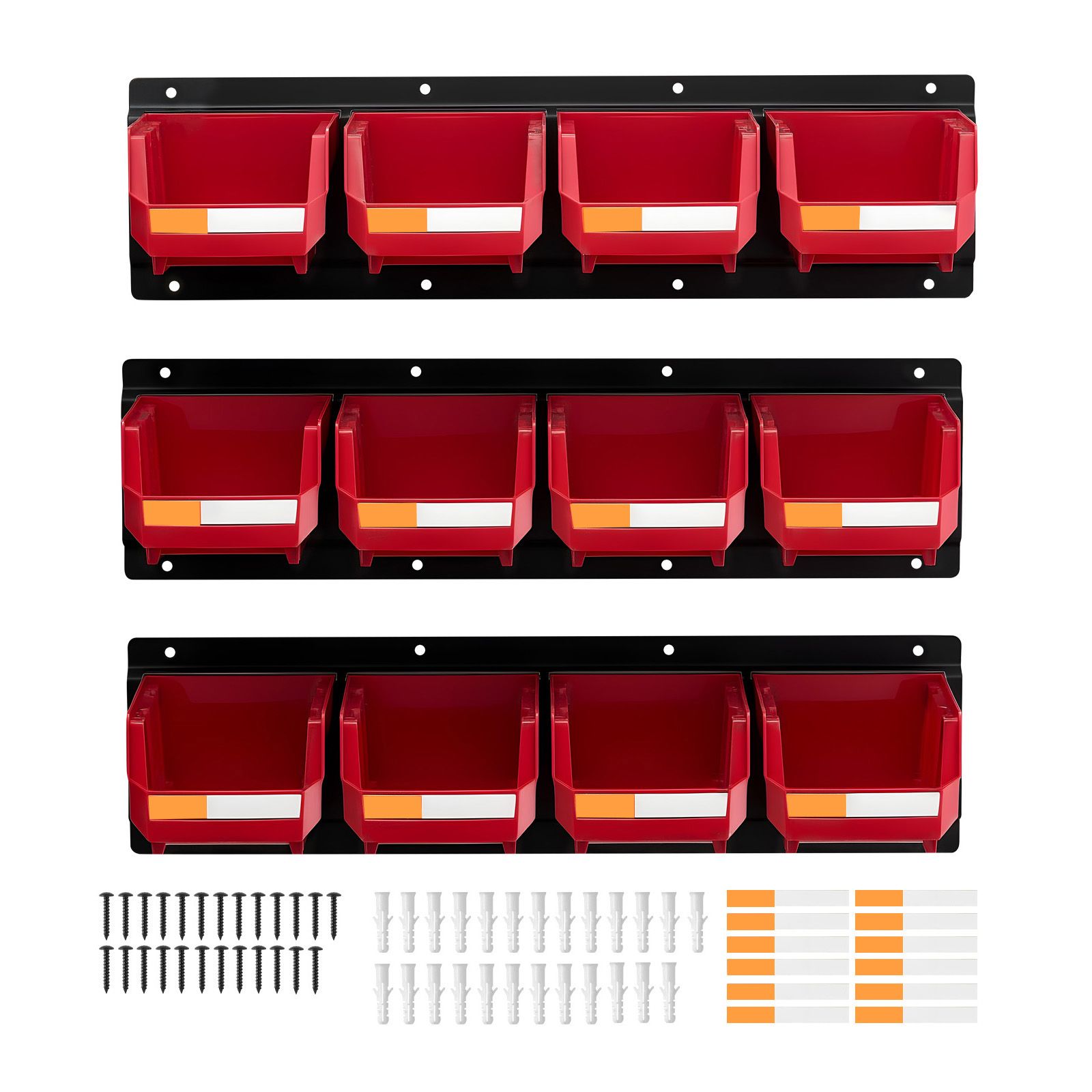 Wandorganizer Mit 12 Kunststoffbehältern Und 3 Metallschienen, Hängeorganizer Für Schrauben, Muttern, Bolzen, Nägel, Werkstatt, Garage, Rot