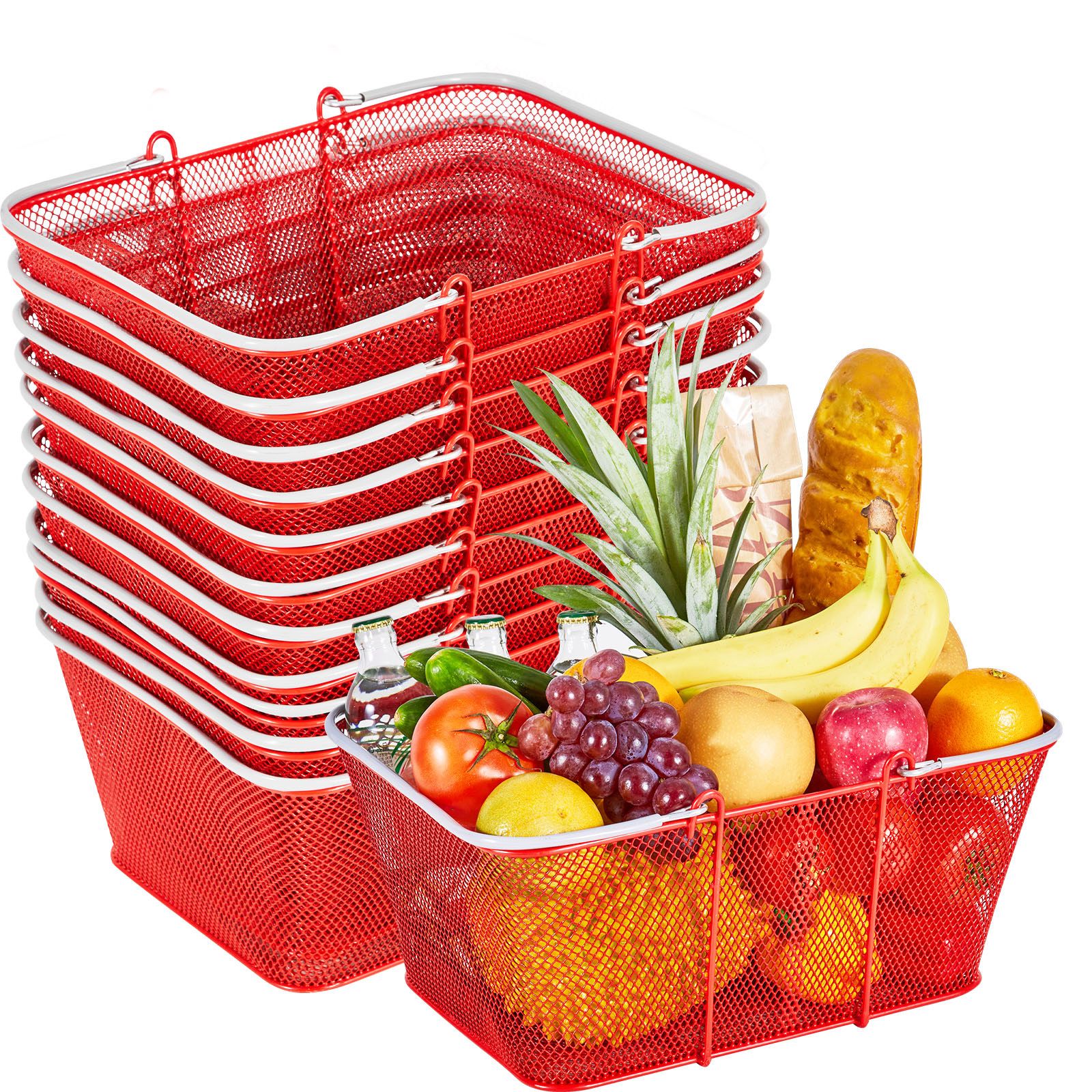 Stapelbarer Metall-einkaufskorb, 22 L, 12er-set, Integrierte Griffe, Engmaschiges Drahtgeflecht, Max. Traglast 20 Kg, Geeignet Für Geschäfte, Supermärkte Und Den Haushalt, Rot
