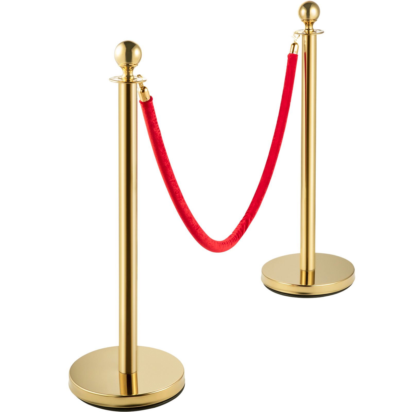 Set Aus 2 Goldenen Absperrpfosten Mit 1,5 M Rotem Seil, Sicherheitsbarriere, Warteschlangenblock, Absperrpfosten, Rundkopfsäule