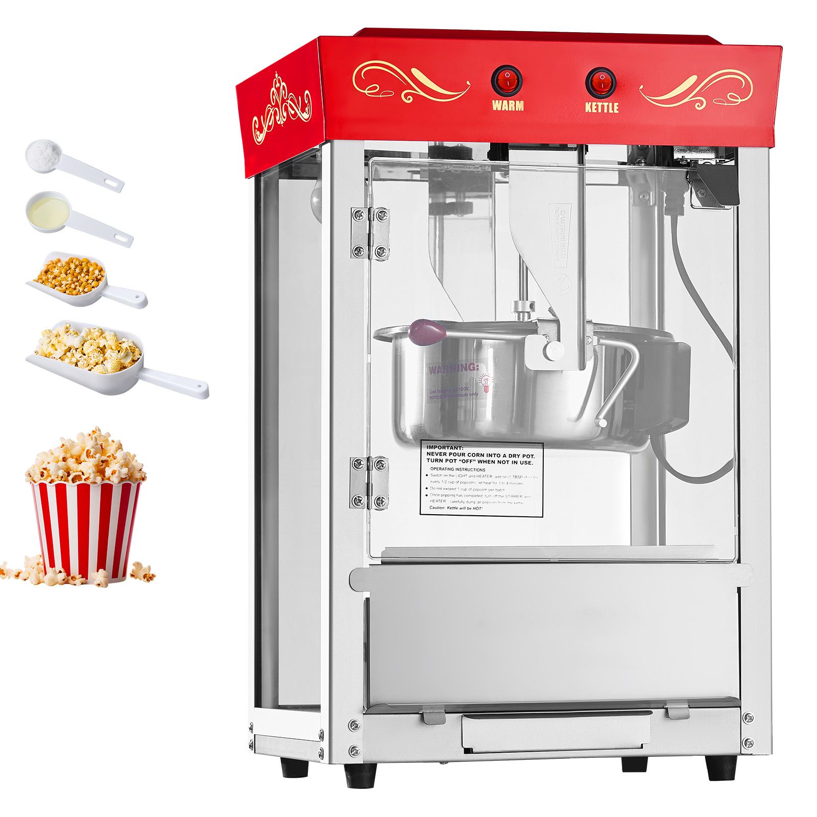 Popcornmaschine, 0,2 Kg Fassungsvermögen, 800 W, 48 Becher Pro Durchgang, Edelstahl Und Glas, Pc-tür, 2 Tasten, Rot, Tischgerät