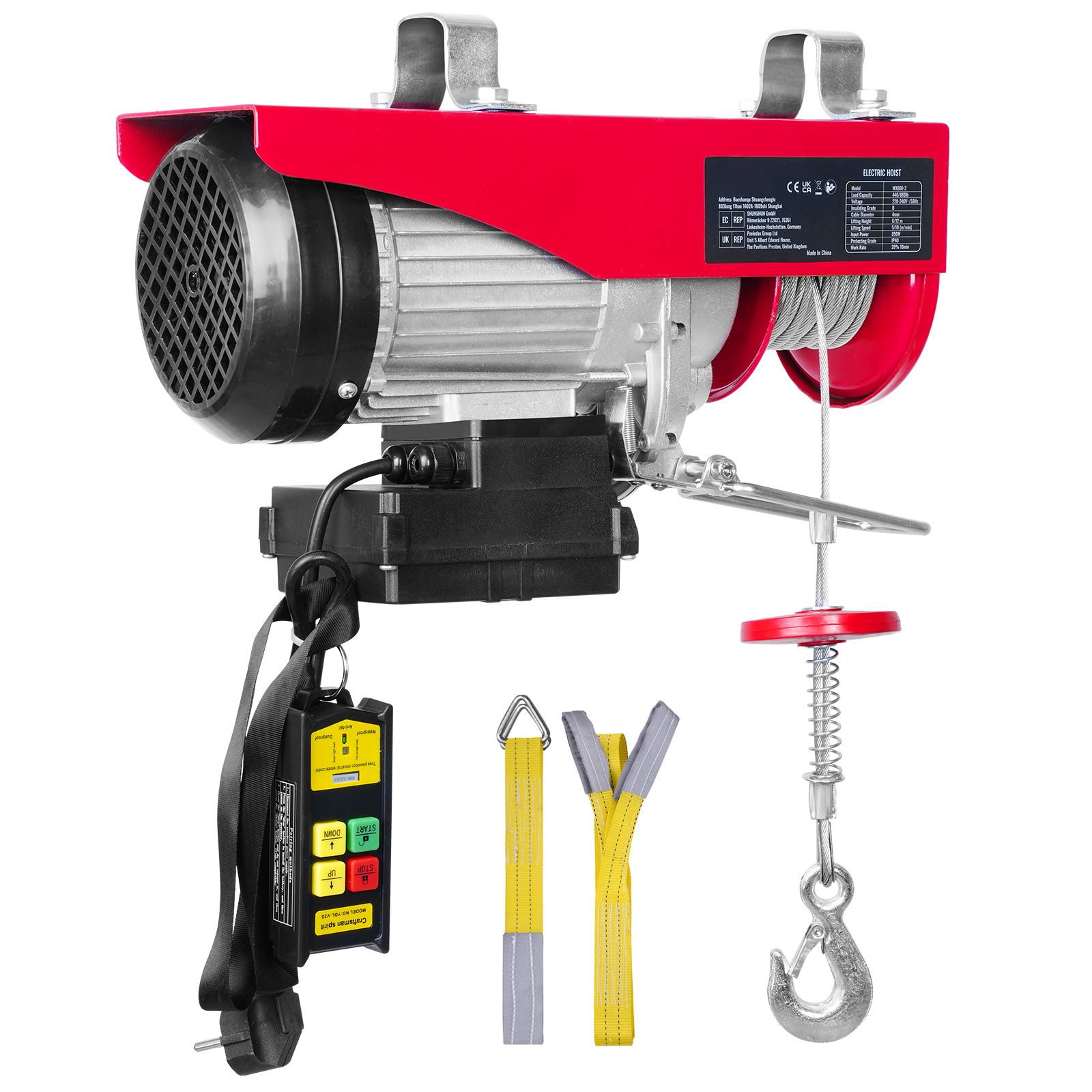 Elektrische Seilwinde 399,2 Kg, 850 W, 220 V, Stahlseil, Funkfernbedienung, 12,19 M Hubhöhe, Reinkupfermotor, Für Garage/lagerhalle/fabrik