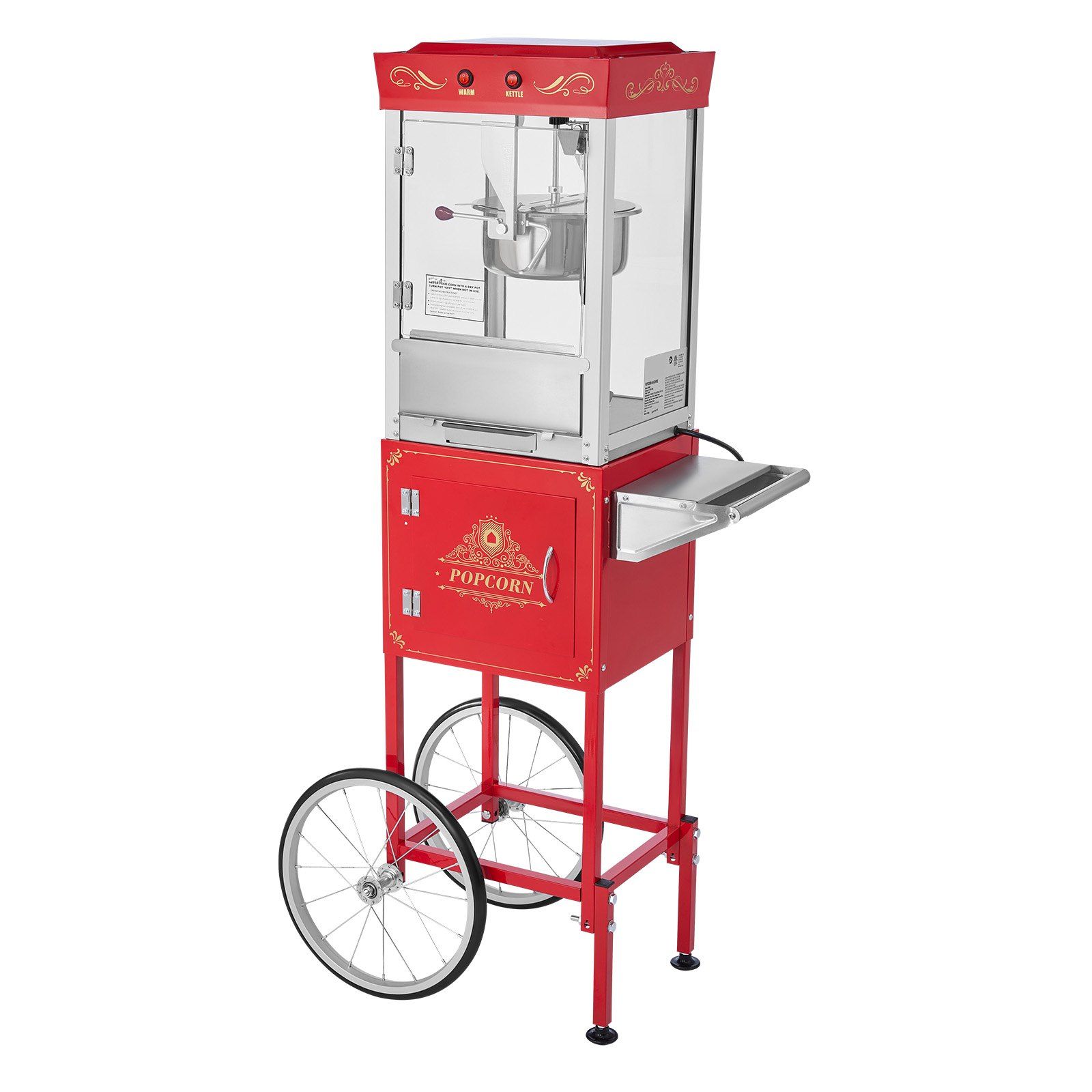 Popcornmaschine Mit Wagen, 0,2 Kg Edelstahlkessel, 800 W, 48 Portionen Pro Durchgang, Tür Aus Polycarbonatglas, 2 Knöpfe, 1 Schöpfkelle, 3 Löffel, Rot