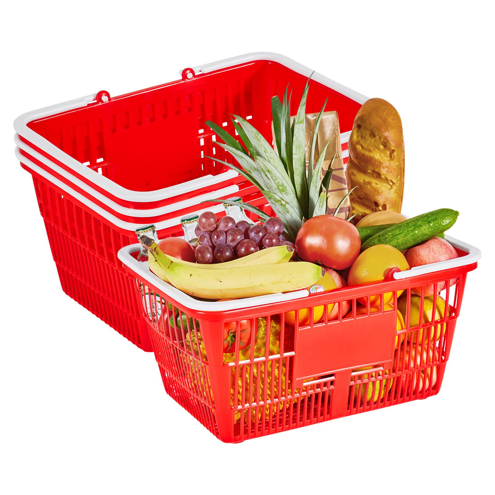 Stapelbarer Einkaufskorb, 4-teilig, 21 L, Aus Pe-kunststoff, Mit Griffen, Engmaschige Netzstruktur, 9 Kg Tragkraft, Für Supermarkt Und Haushalt, Rot.