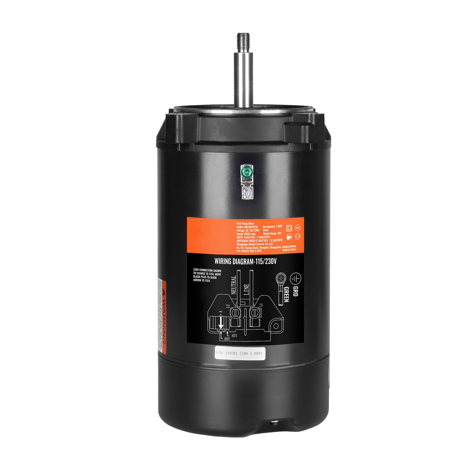 Schwimmbadpumpenmotor 1 Ps, 56j, 115v/230v, 3450 U/min, 60hz, Betriebsfaktor 1,4, 90µf Kondensator, Gegen Den Uhrzeigersinn Drehend, Runder Flansch.