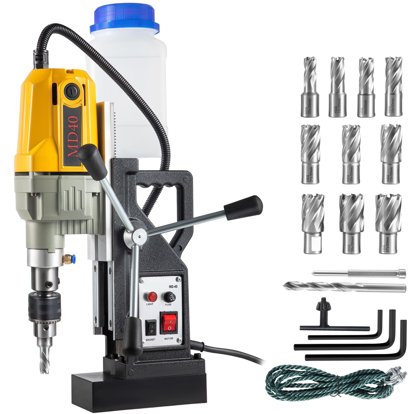 Tragbare Magnetbohrmaschine Mit 1100 W Leistung, 4 Cm Bohrdurchmesser, 12000 N/2697 Lbf Kraft, 12 Bohrer Im Lieferumfang Enthalten, 580 U/min Drehzahl, Für Verschiedene Oberflächen Und Heimwerkerarbei