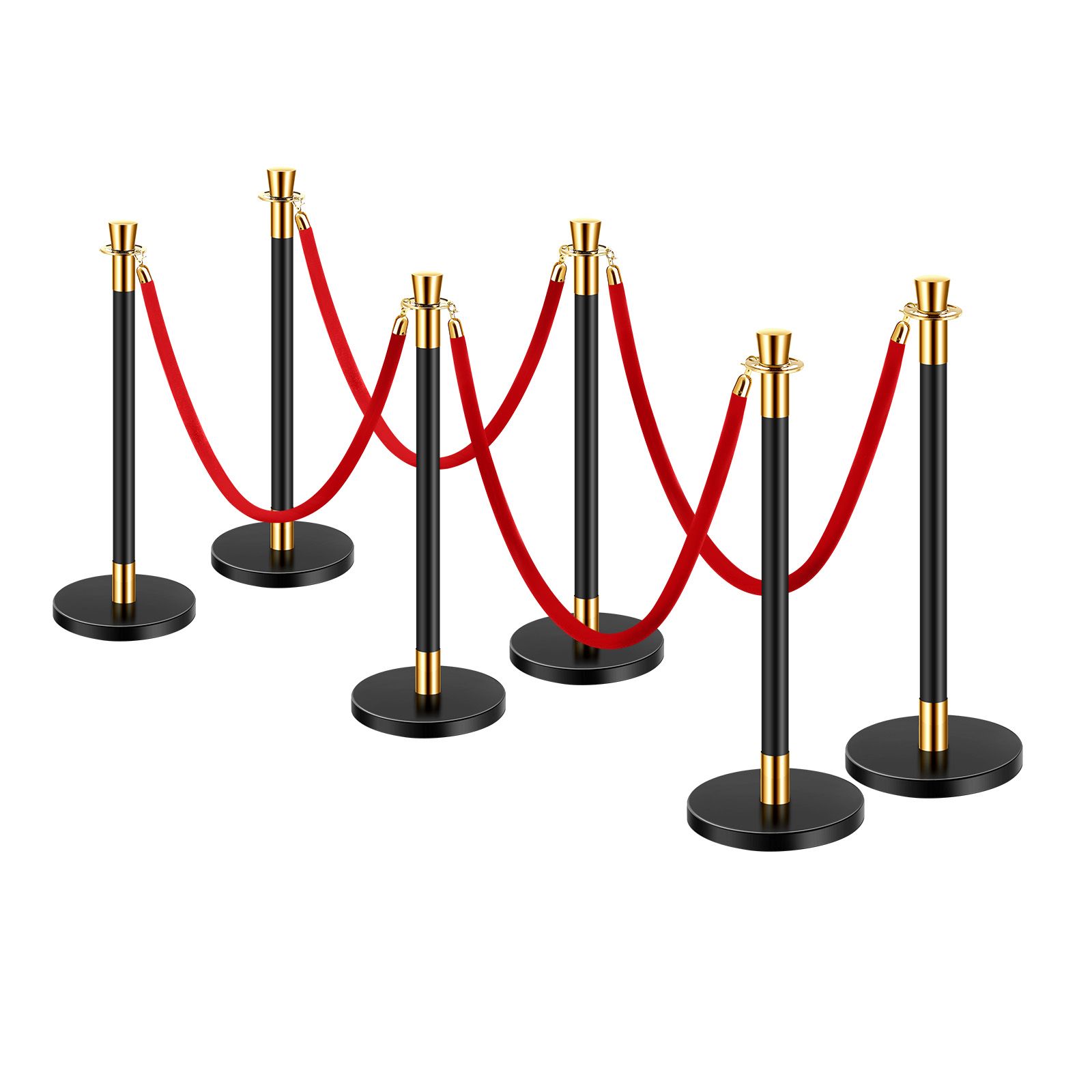 Abgrenzungspfosten, 6 Stück Mit 4 Roten Samtseilen, Schwarzer Edelstahl, Hohler, Mit Sand Beschwerter Sockel, 1,5 M, Für Theater, Partys, Hochzeiten, Ausstellungen.