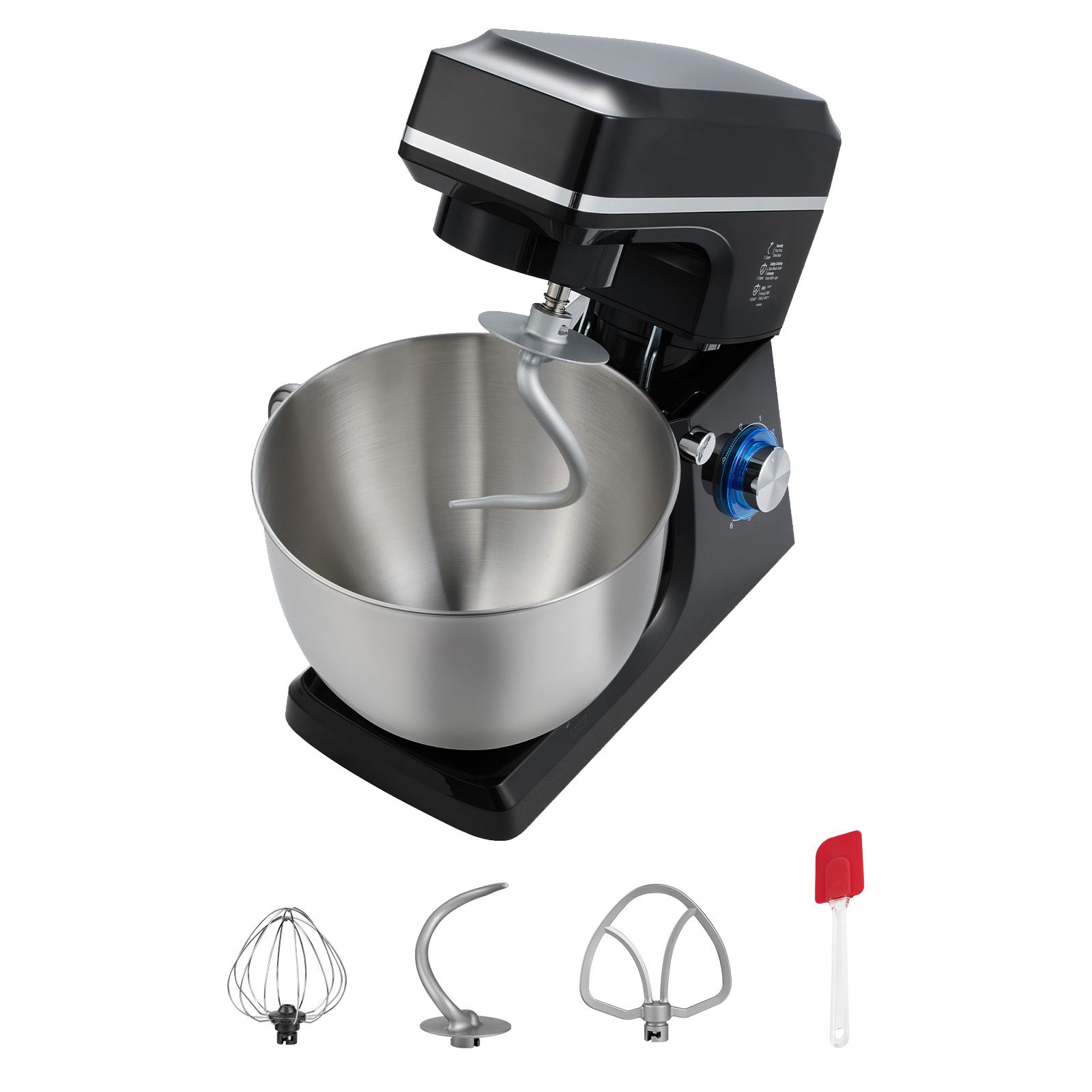 Küchenmaschine Mit 8,3 L Fassungsvermögen, 1400 W, 6 Geschwindigkeitsstufen + P, Edelstahlschüssel, Knethaken, Schneebesen, Spatel, Rührbesen, Schwarz