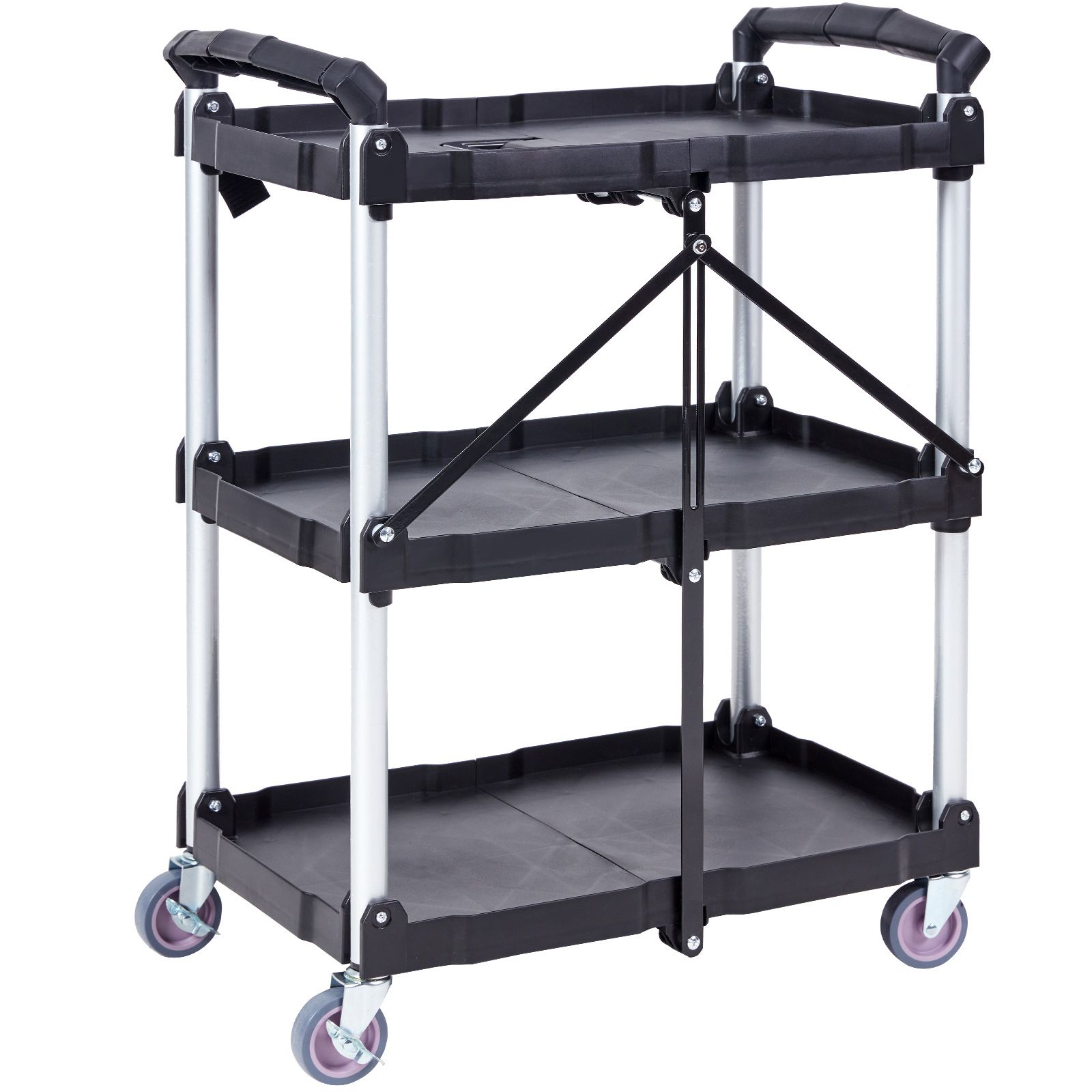 Klappbarer Servierwagen Mit 3 Ablagen, 74,8 Kg Tragkraft, Feststellbaren Rollen, Ergonomischem Griff, Tragbar Für Garage/lager/büro/zuhause (65,1 X 39,2 X 83,2 Cm).