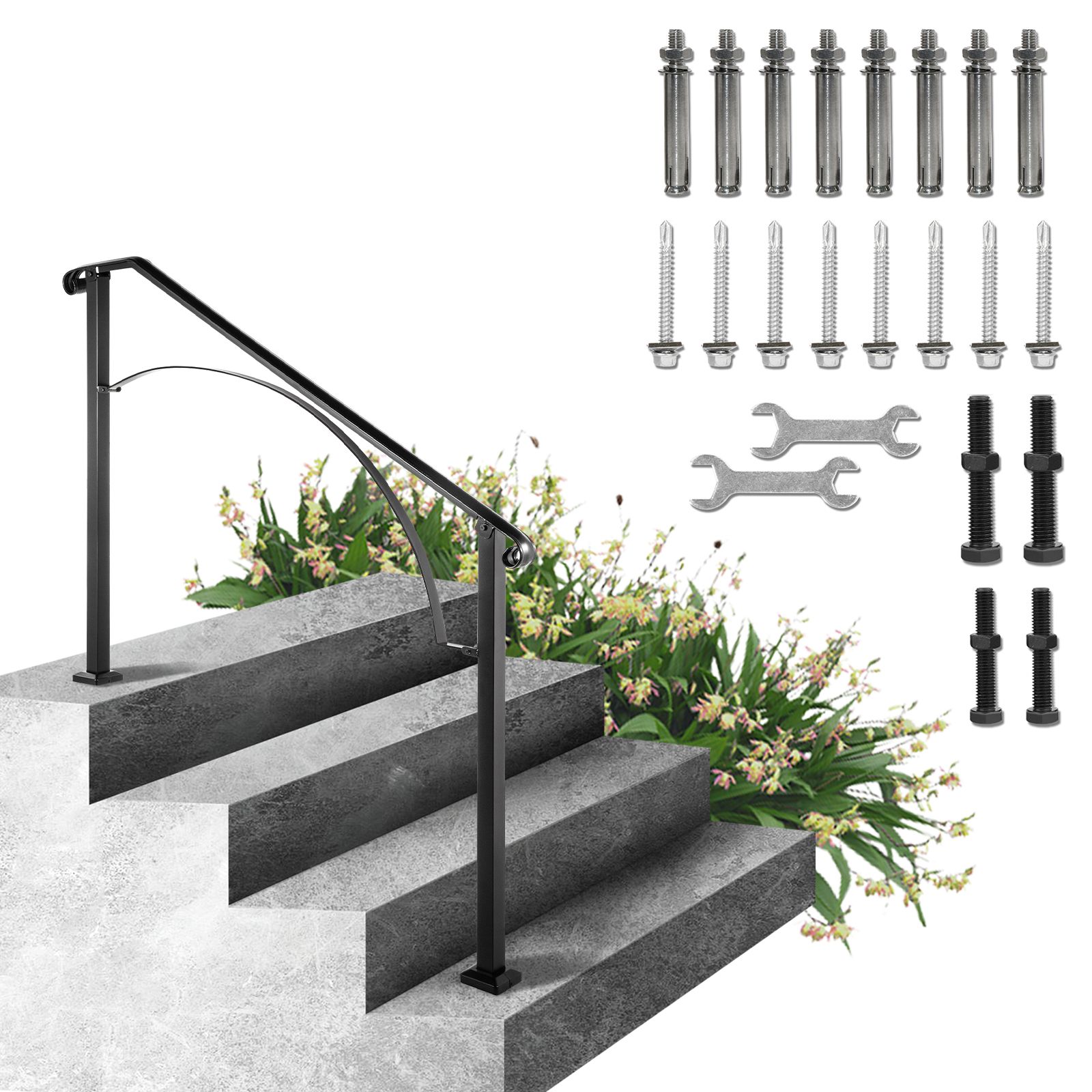 Außengeländer Aus Schmiedeeisen, Anpassbar An 3 Oder 4 Stufen, Flexibel Für Veranden, Ideal Für Beton- Oder Holztreppen, Schwarze Ausführung.