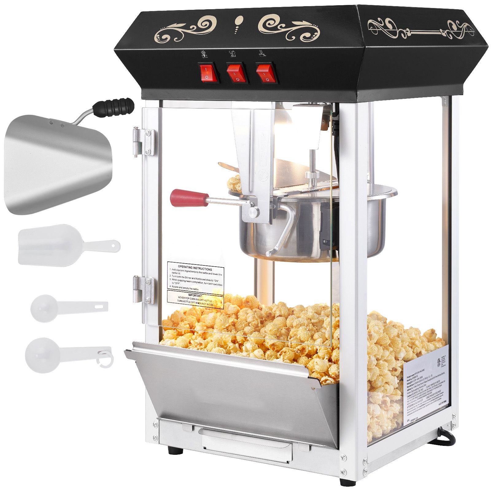 Popcornmaschine 850w, 8 Unzen, 48 Tassen Pro Durchgang, Gehärtetes Glas, Kino-stil, Schwarz, Mit 4 Löffeln.