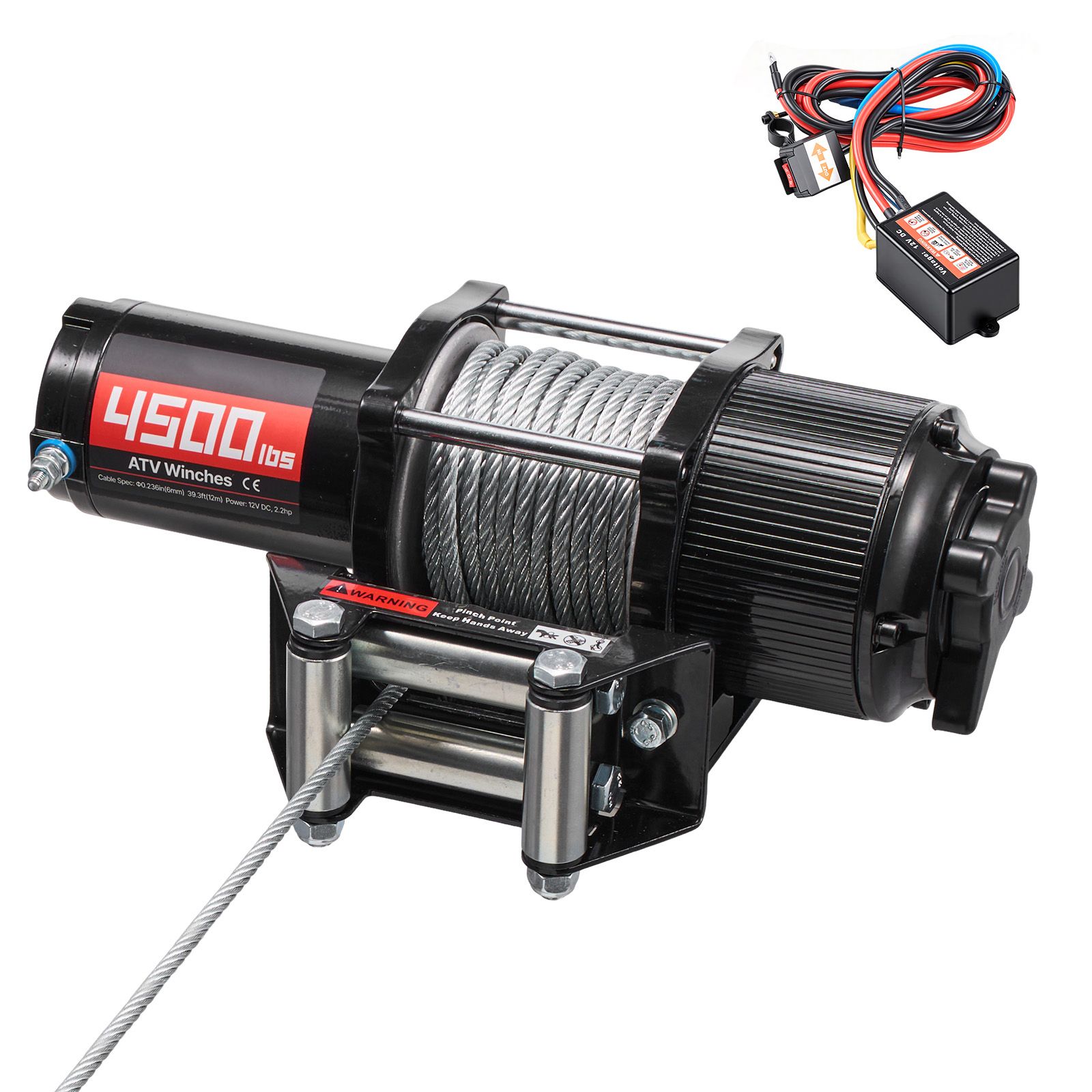 2041 Kg 12-v-elektrowinde Für Atv/utv, 6 Mm X 12 M Stahlseil, Drahtlose Und Kabelgebundene Fernbedienung, Schutzart Ip54, Montageplatte Mit Kabelführungsrolle