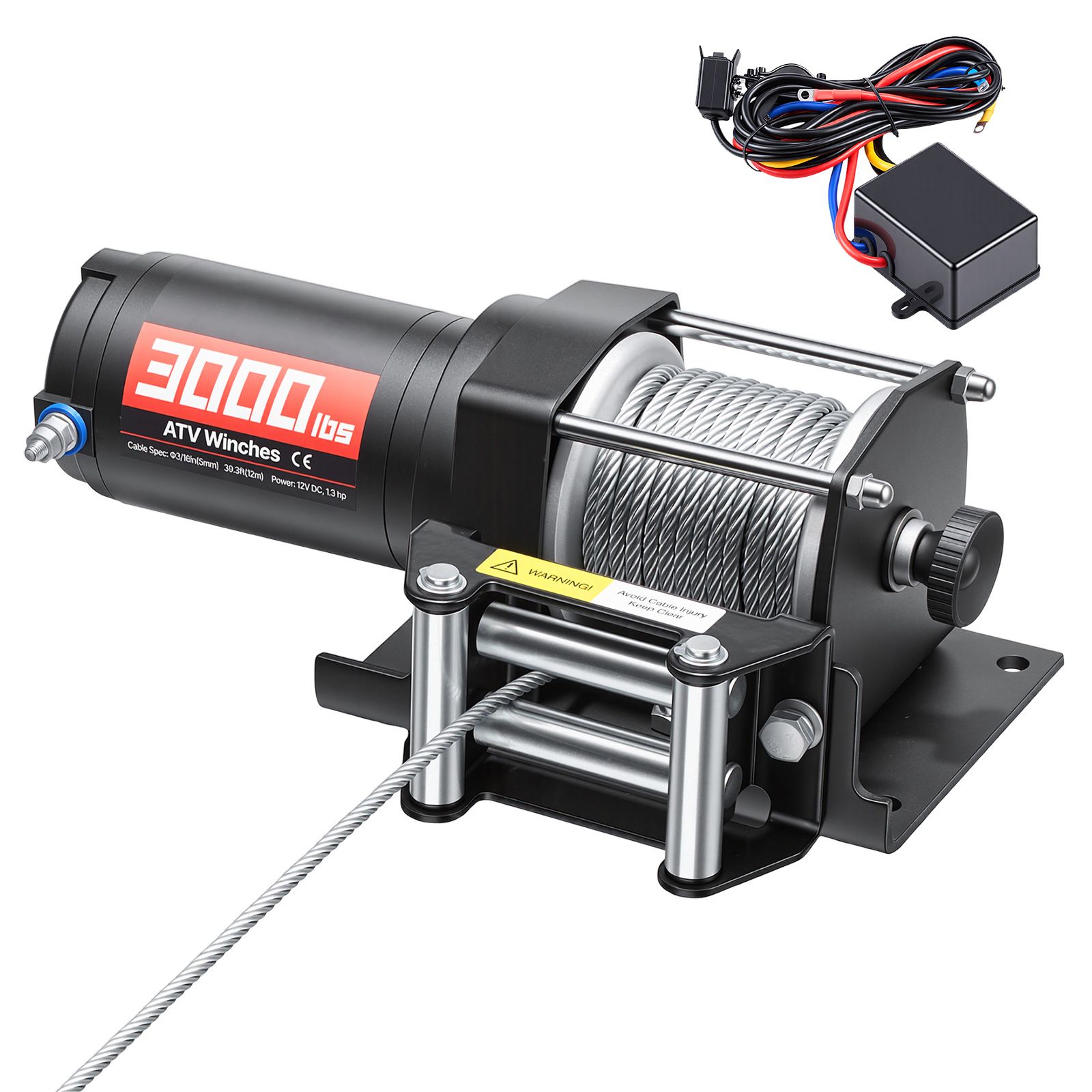 Elektrische Seilwinde, 1360 Kg, 12 V Dc, 5 Mm X 12 M Stahlseil, Kabelgebundene Fernbedienung, Schutzart Ip55, Aluminium-montageplatte, Für Quads/utvs, Schwarz
