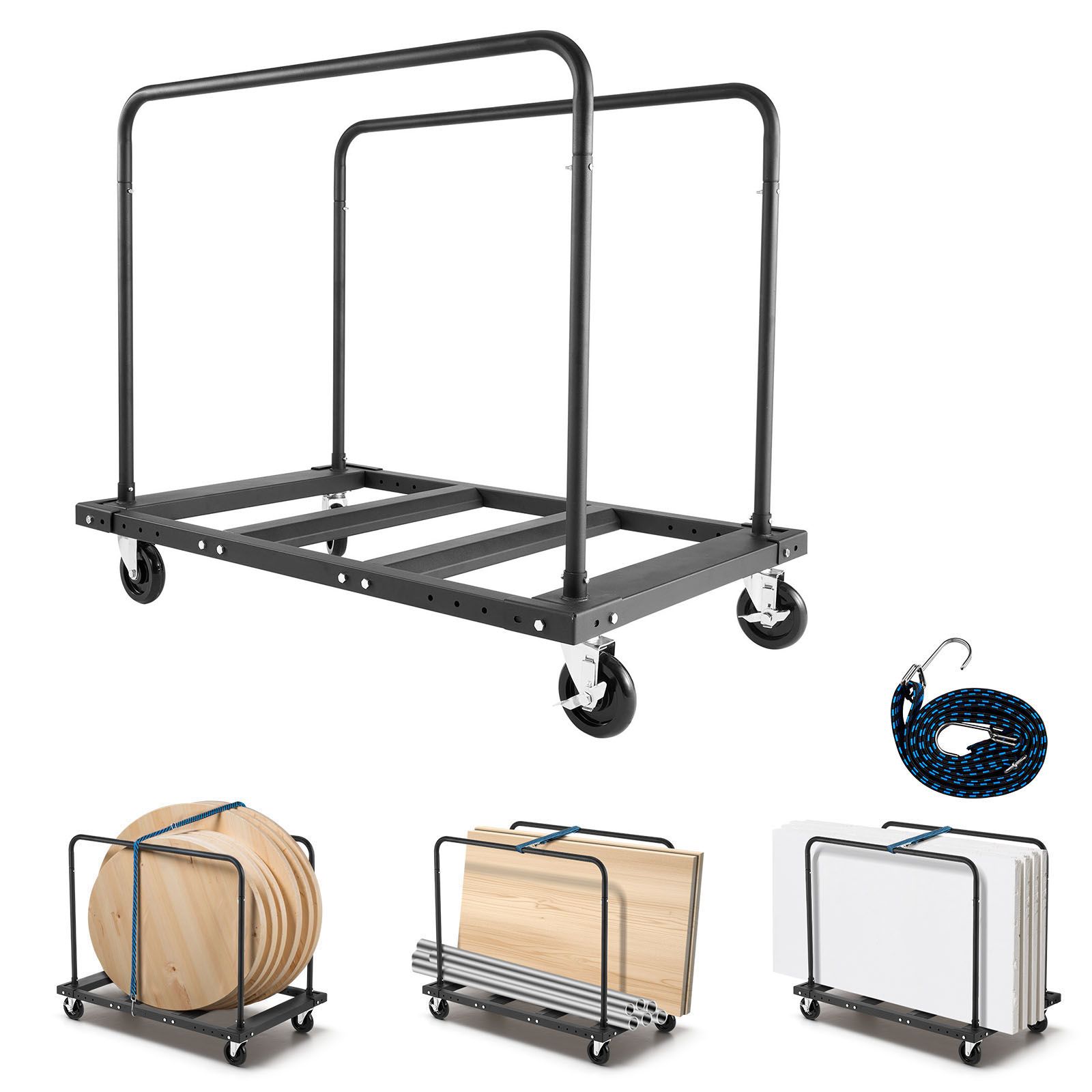 Gipskartonwagen, Tragkraft 816 Kg, Stahl, 12,5 Mm Lenkrollen, Mit Gurt Und 2 Seitlichen Schutzgeländern, Schwarz