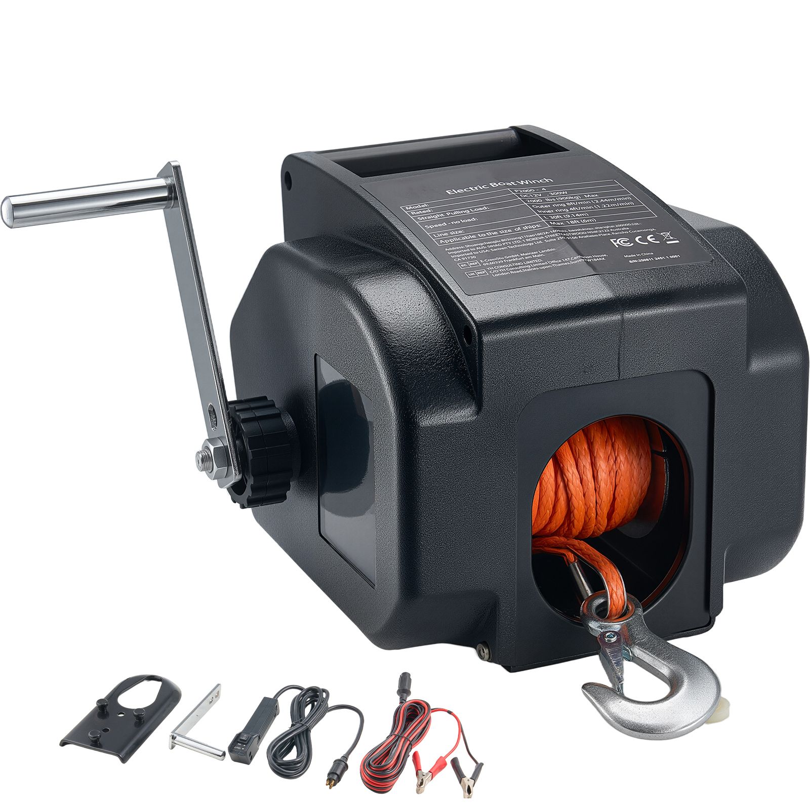 Elektrische 12-v-bootswinde, 300 W, Reversibel, Tragfähigkeit 900 Kg, Mit Kabelgebundener Fernbedienung Und Handkurbel.