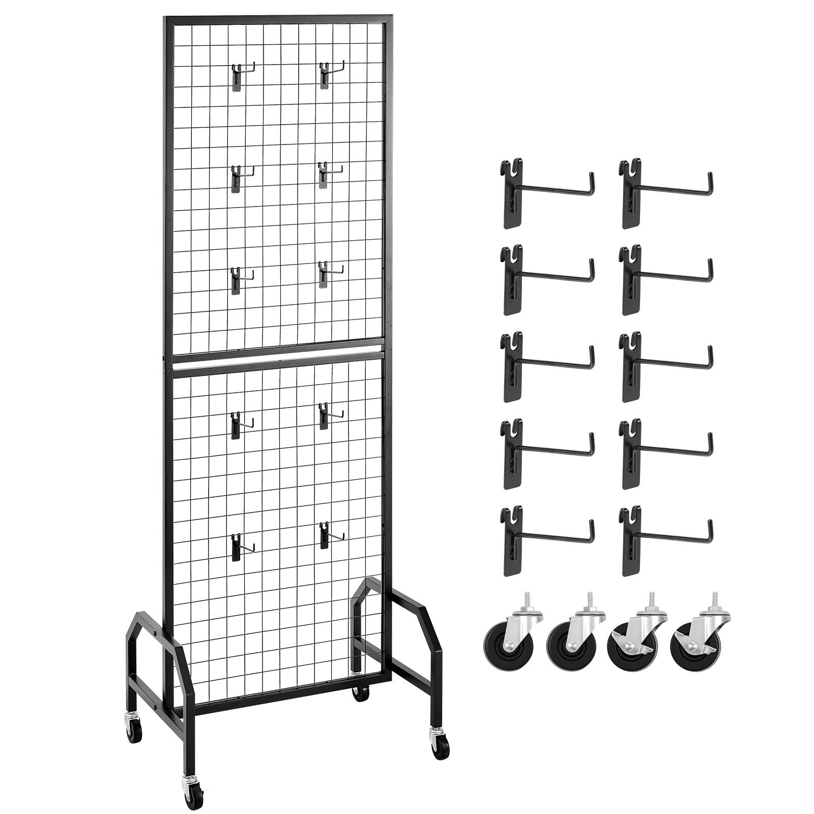 Wandpaneel Aus Drahtgeflecht 600x1640 Mm, Mobiler Ausstellungsständer Mit Rollen Und 10 Haken, Schwarzer Kohlenstoffstahl, Für Ausstellungen, Dekoration, Lagerung Und Präsentationstafel.