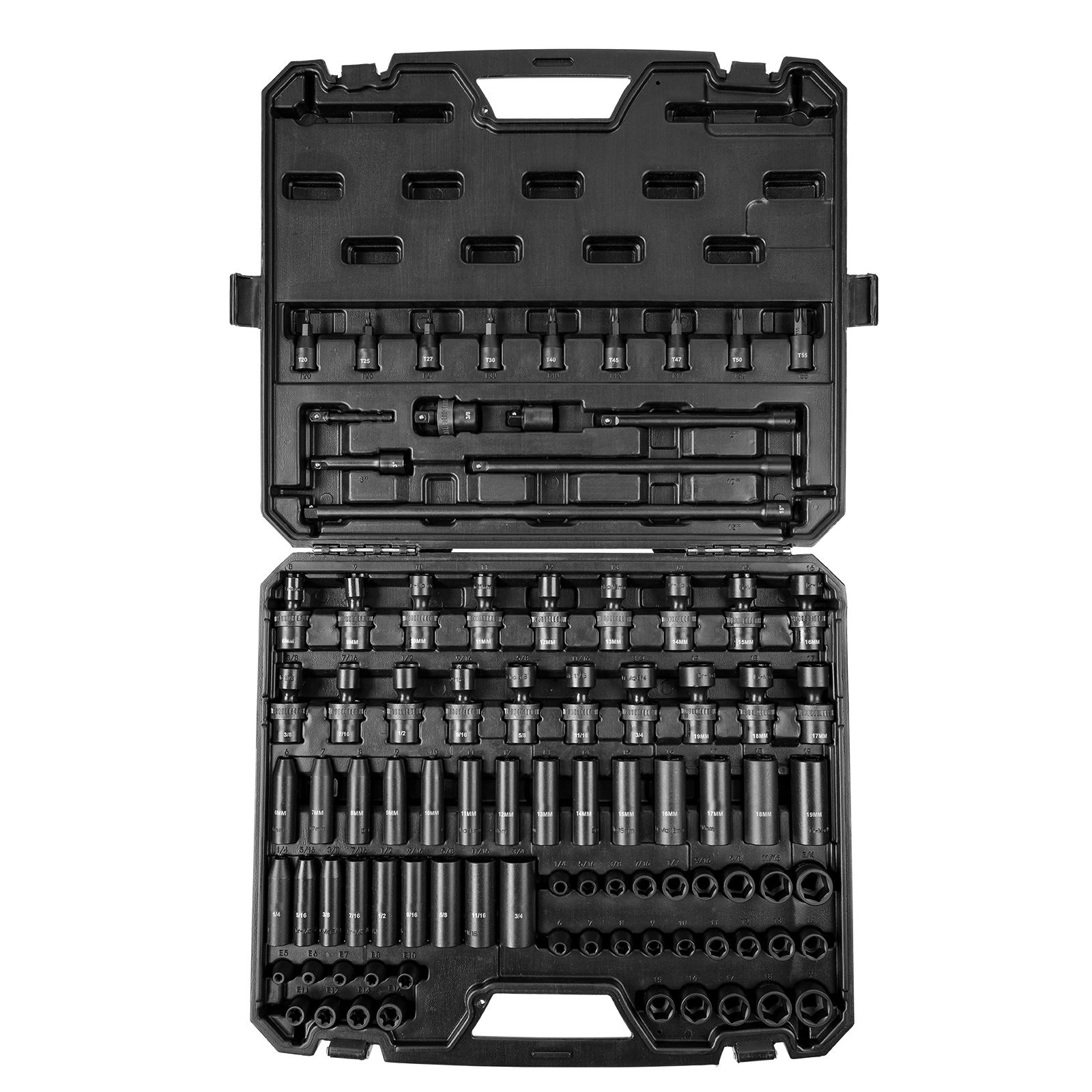 90-teiliger 3/8"-schlagschrauber-steckschlüsselsatz, Sae 1/4-3/4" Und Metrisch 6-19 Mm, Cr-mo-stahl 6-punkt, Mit Verlängerungen, Universalgelenk, Adapter Und Aufbewahrungskoffer.