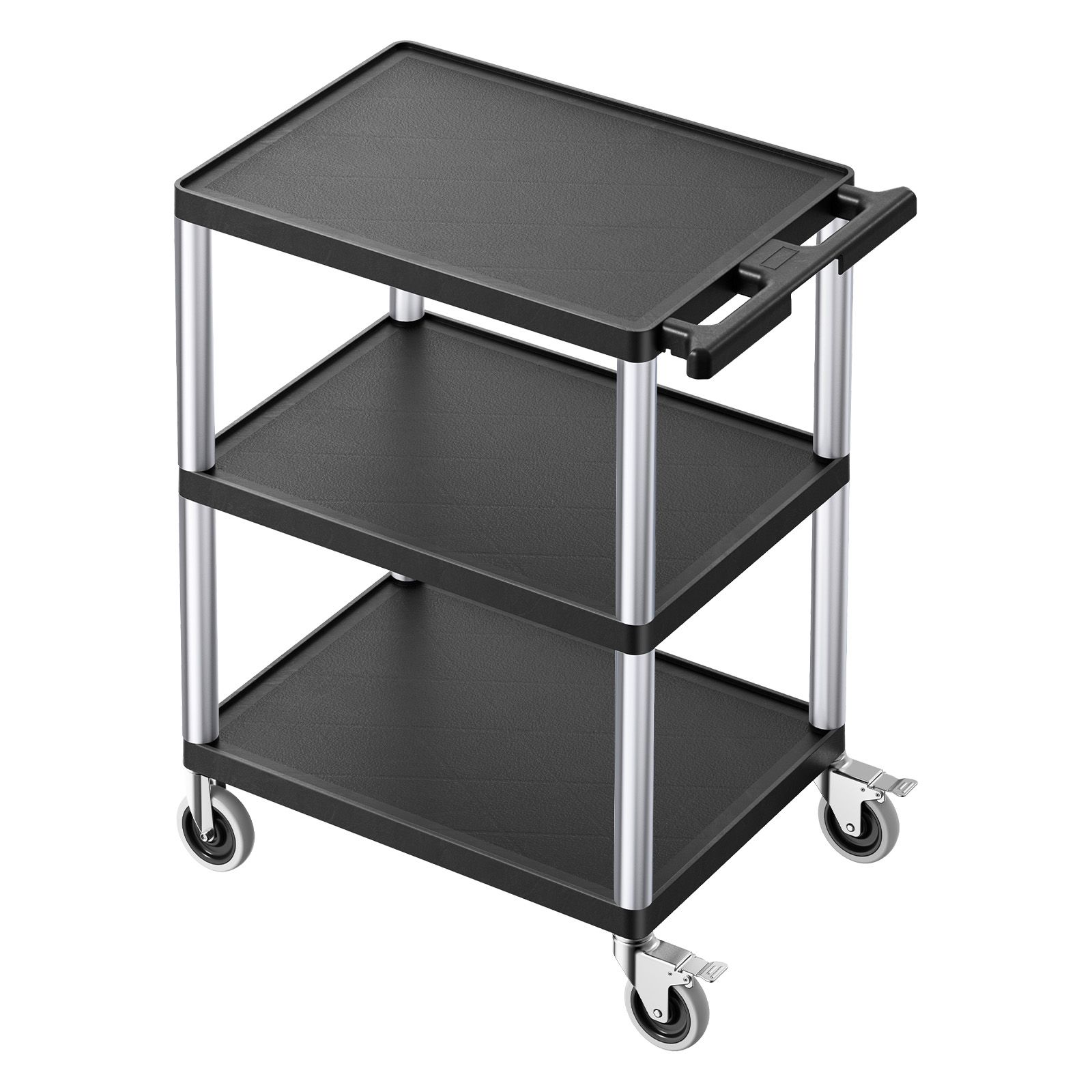 Transportwagen, Tragkraft 300 Lb, 3 Robuste Kunststoffablagen, 360° Drehbare Rollen (2 Mit Bremsen), 27,6 X 18,1 Zoll, Ideal Für Lagerhallen, Garagen Und Reinigungsarbeiten.