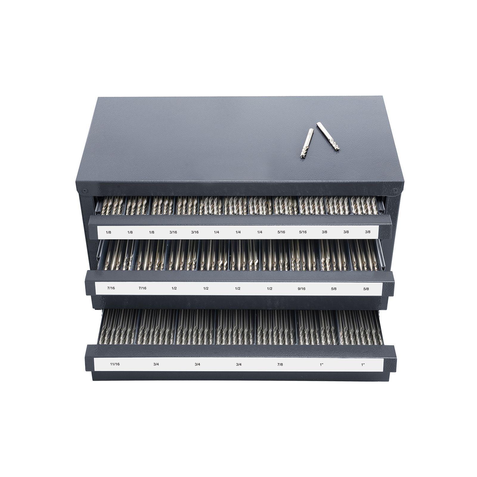 Fräser-spender, 3-schubladen-schrank, Aufbewahrung Für Fräser Von 1/8" Bis 1", Stahl, 29 Fächer, Stapelbar, Mit Etiketten.