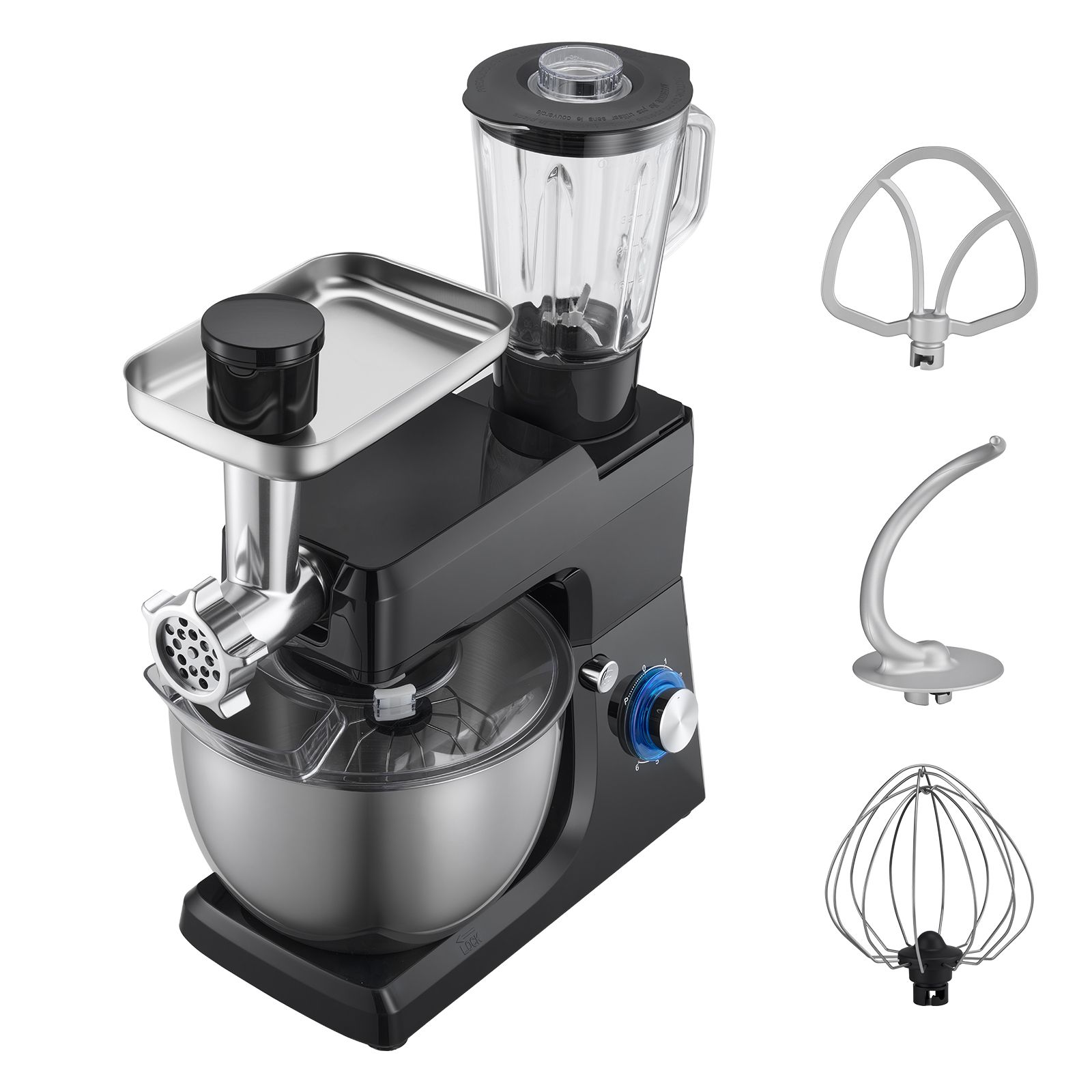 Küchenmaschine (7,8 L, 1500 W, 6 Geschwindigkeitsstufen + Pulsfunktion, Edelstahlschüssel, Schneebesen, Knethaken, Rührbesen, 1,5-l-becher, Schwarz)