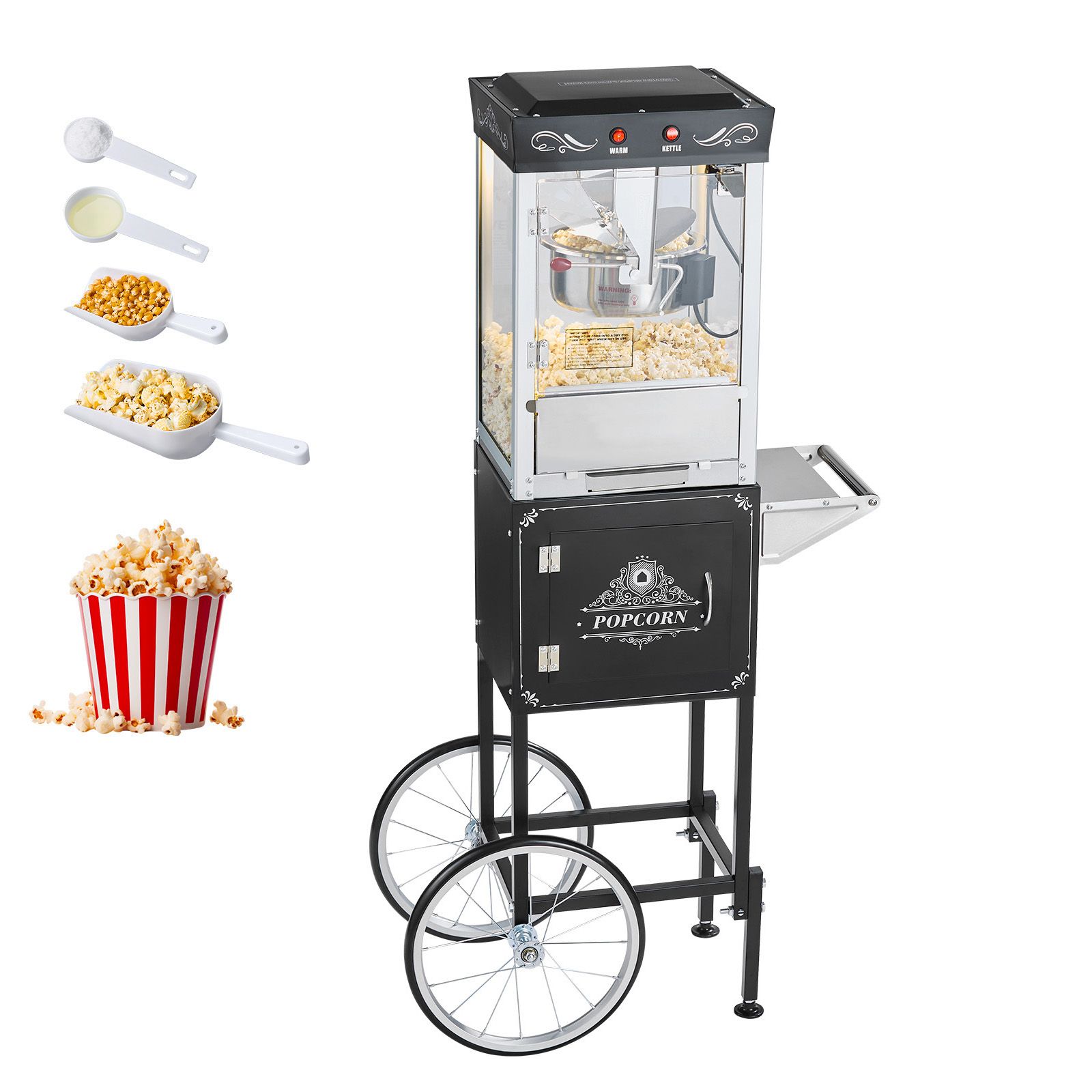 Popcornmaschine Mit Wagen, 800 W, 0,2 Kg Edelstahl, 48 Portionen Pro Durchgang, Tür Aus Polycarbonatglas, 1 Schöpfkelle, 3 Löffel, Schwarz