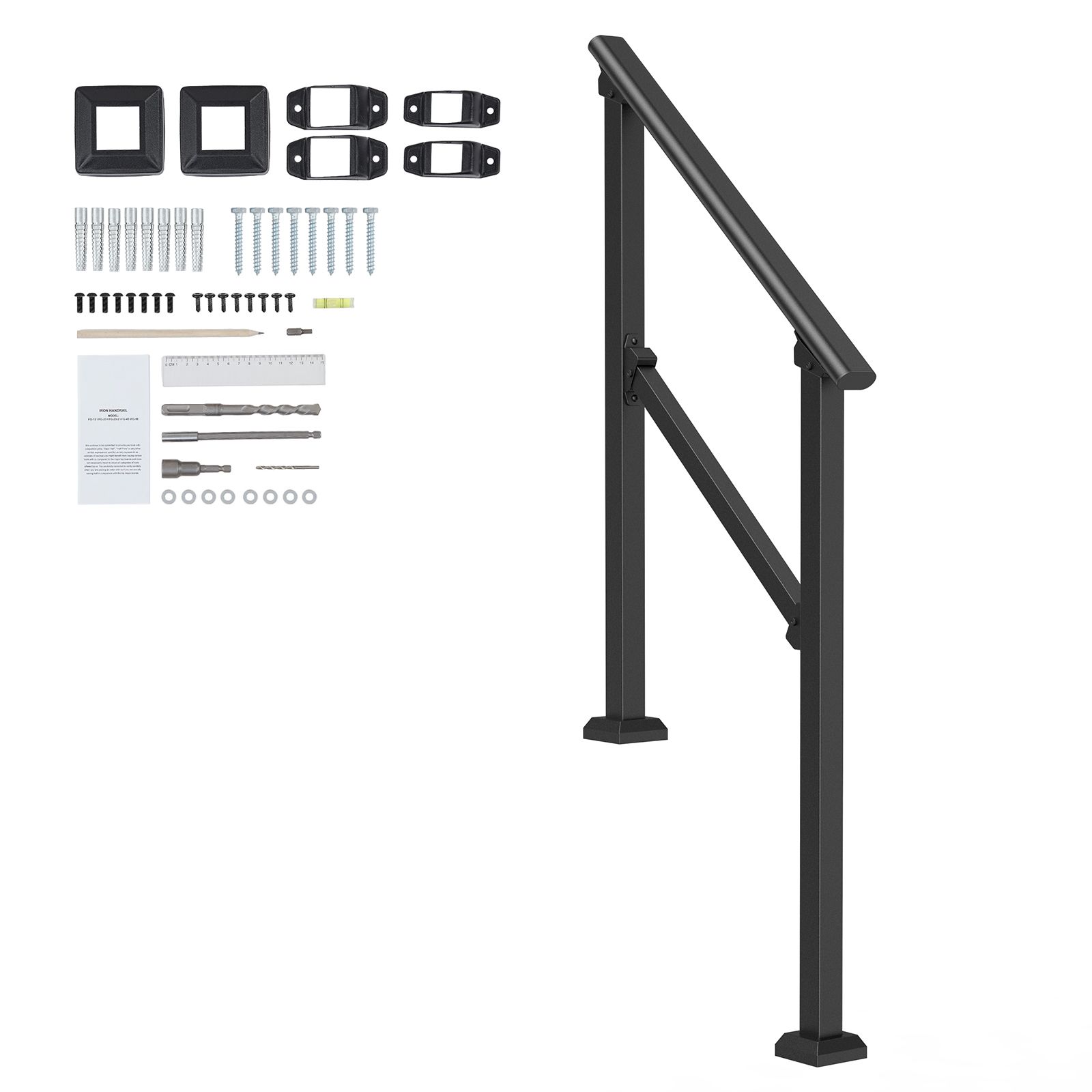 Außengeländer Für 2-3-stufige Treppen, Kohlenstoffstahl-set Mit Befestigungsmaterial, Handlauf Für Senioren, Beton, Veranda Und Terrasse, Schwarzes Vierkantrohr.