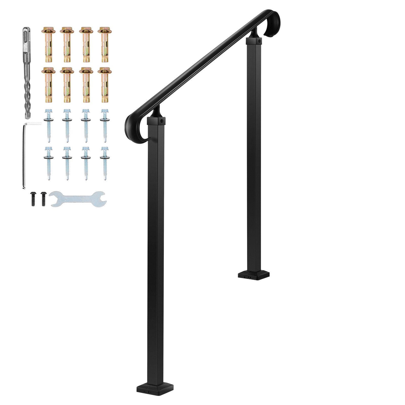 Außengeländer Für Treppen, Höhenverstellbar Für 2-3 Stufen, Kohlenstoffstahl, Montagesatz Inklusive, Für Beton- Oder Holztreppen, Veranda, Matt Schwarz.