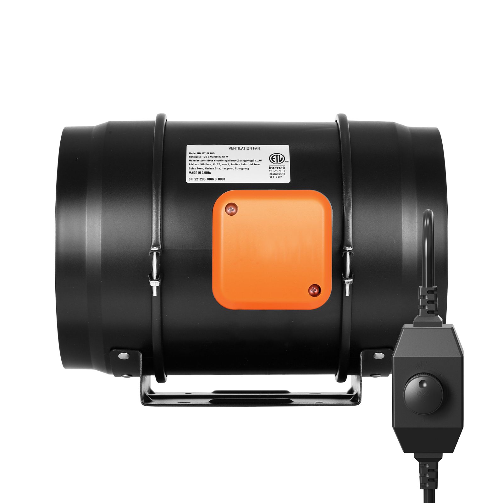 Inline-rohrventilator, 203,2 Mm, 506,2 Cfm, Mit Drehzahlregler, Leiser Wechselstrommotor, Zur Absaugung Und Belüftung Von Growzelten Und Hydrokultursystemen.