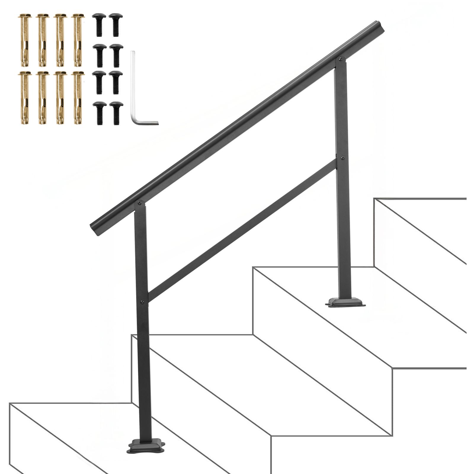 Außentreppengeländer, 48x35,5 Zoll, Verstellbare Neigung 0-45°, Schwarzes Aluminium, Querstange.