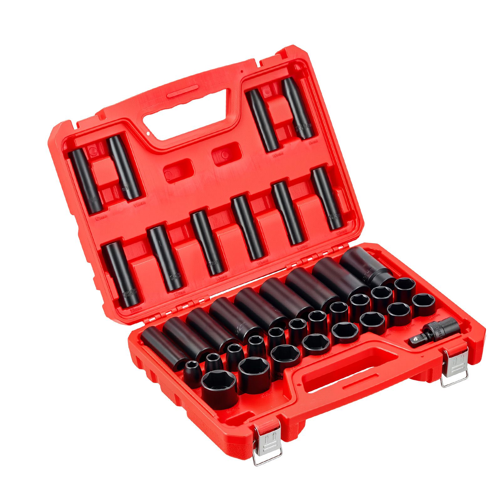 1/2"-schlagschrauber-steckschlüsselsatz, 39-teilig, 6-kant, Tief Und Kurz, Metrisch 9 Bis 30 Mm, Cr-v-stahl, Mit Universalgelenk, Doppelter Markierung, Robuster Koffer.
