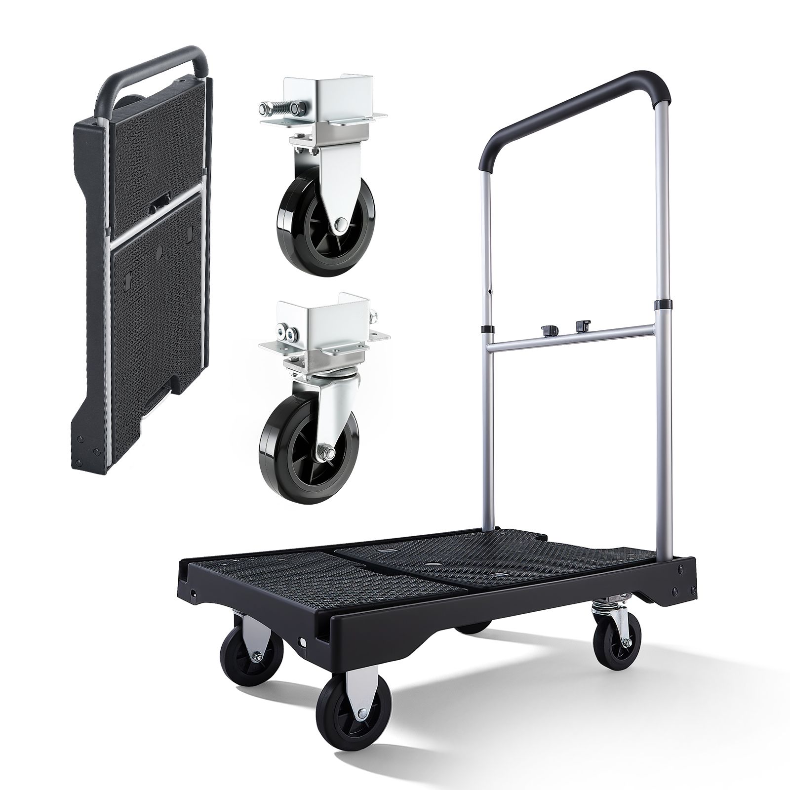 Klappbarer Plattformwagen, Tragfähigkeit 149,69 Kg, Schwenkräder, Verstellbarer Griff, Leicht Zu Verstauen, Abmessungen 680 X 495 X 115 Mm.