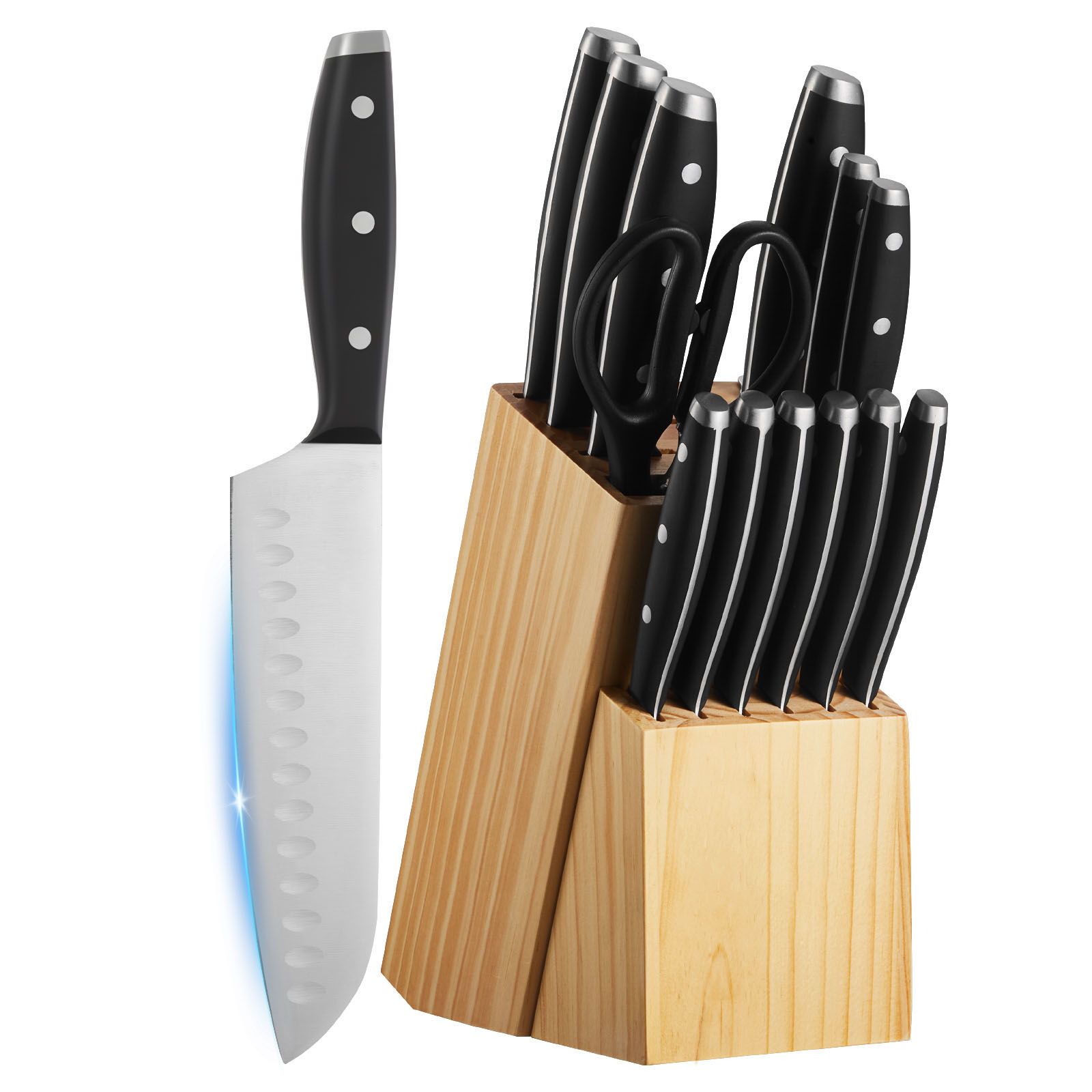 15-teiliges Küchenmesserset Mit Block Und Schärfer, Klinge Aus Kohlenstoffreichem Edelstahl, Ergonomischer Griff, Hochwertiger Holzblock Für Hobbyköche