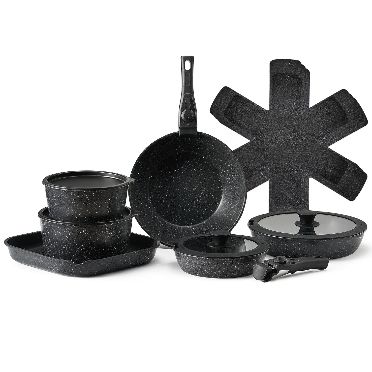 17-teiliges Kochgeschirr-set Aus Granit, Abnehmbare Griffe, Platzsparend, Induktionsgeeignet, Mit Deckeln Aus Gehärtetem Glas, Ofenfest, Schwarz.