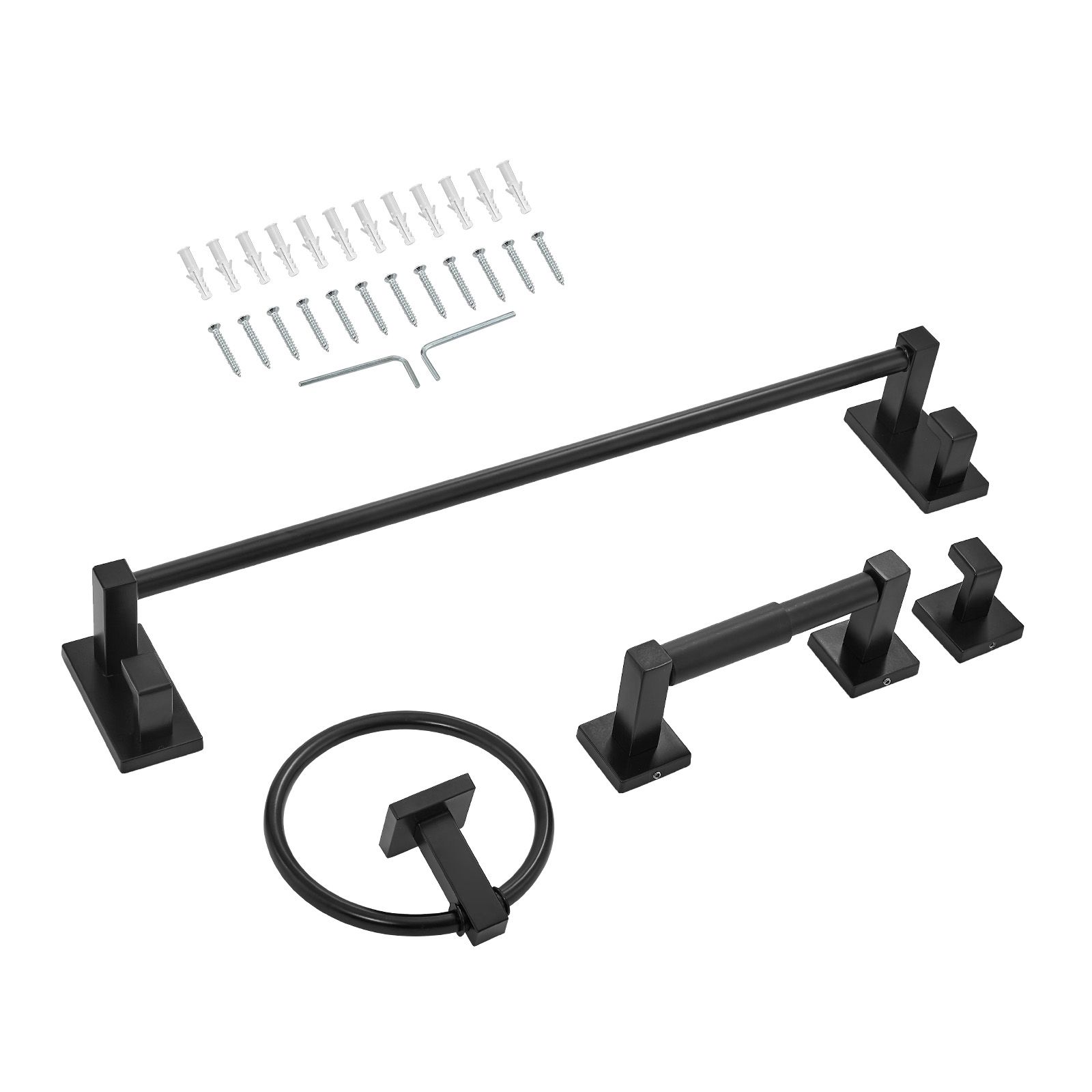 Handtuchhalter Und Badezimmer-accessoire-set, 4-teilig Aus Mattschwarzem Edelstahl, 60 Cm Stange, Ring, Haken Und Toilettenpapierhalter, Zur Wandmontage.