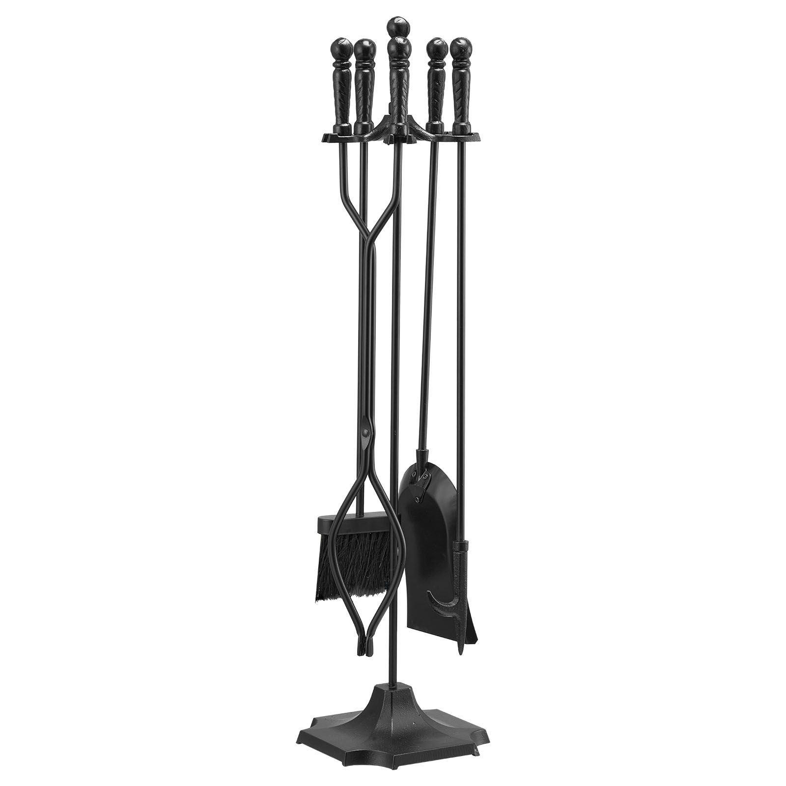 5-teiliges Kamin-set, Schürhaken, Zange, Ascheschaufel, Bürste Mit Schmiedeeisernem Ständer, Schwarz, Für Den Innen- Und Außenbereich