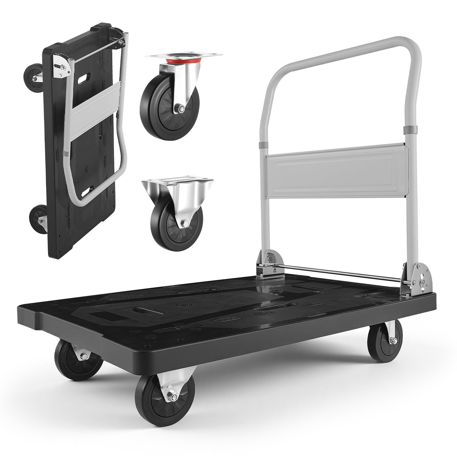 Faltbarer Transportwagen, Tragfähigkeit 299,37 Kg, Faltbare Plattform Mit Schwenkrädern, Einziehbarer Griff, Kompakte Aufbewahrung, 895 X 595 X 850 Mm.