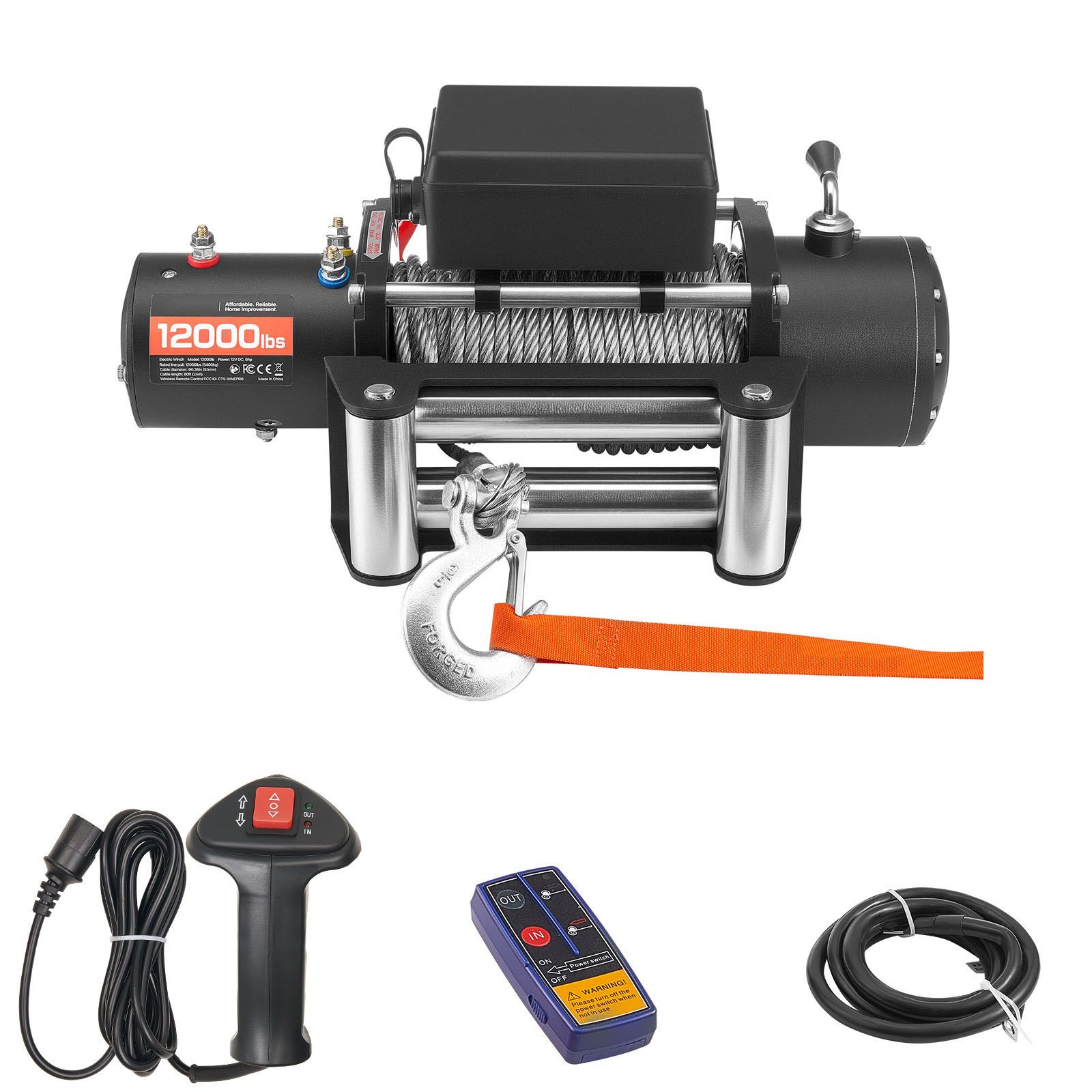 Elektrische Seilwinde 5400 Kg, 12 V Dc, 9,1 Mm X 24 M Stahlseil, Drahtlose Und Kabelgebundene Steuerung, Ip55 Wasserdicht Zum Abschleppen Von Geländewagen, Suvs Und Booten