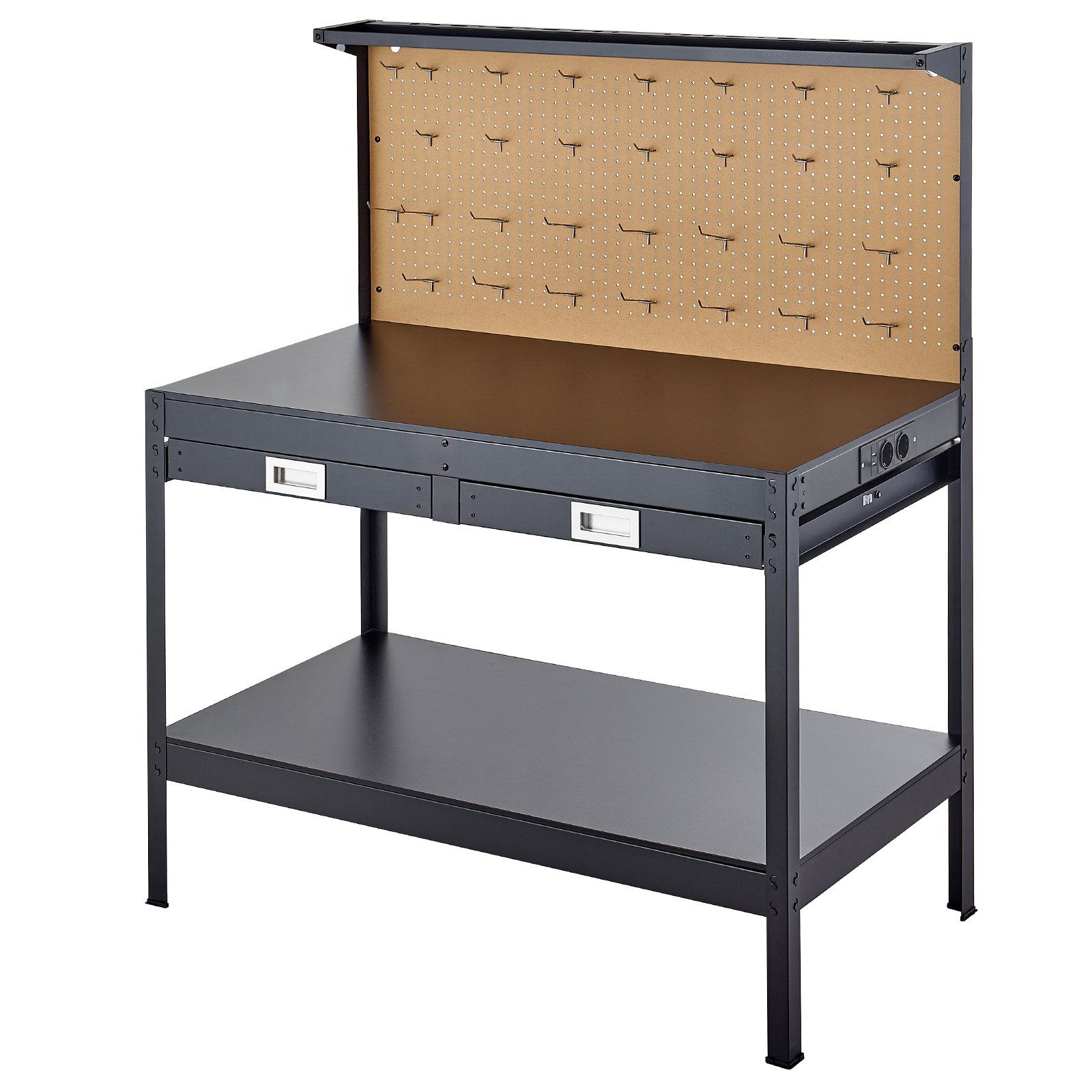 Werkbank Aus Massivholz, Tragfähigkeit 110 Kg, Robuste 1200 Mm Arbeitsplatte, Mit Perforierter Platte, 4 Ac-steckdosen, 2 Usb-anschlüsse, 1,5 M Kabel, 30 Haken, Werkstattschublade.