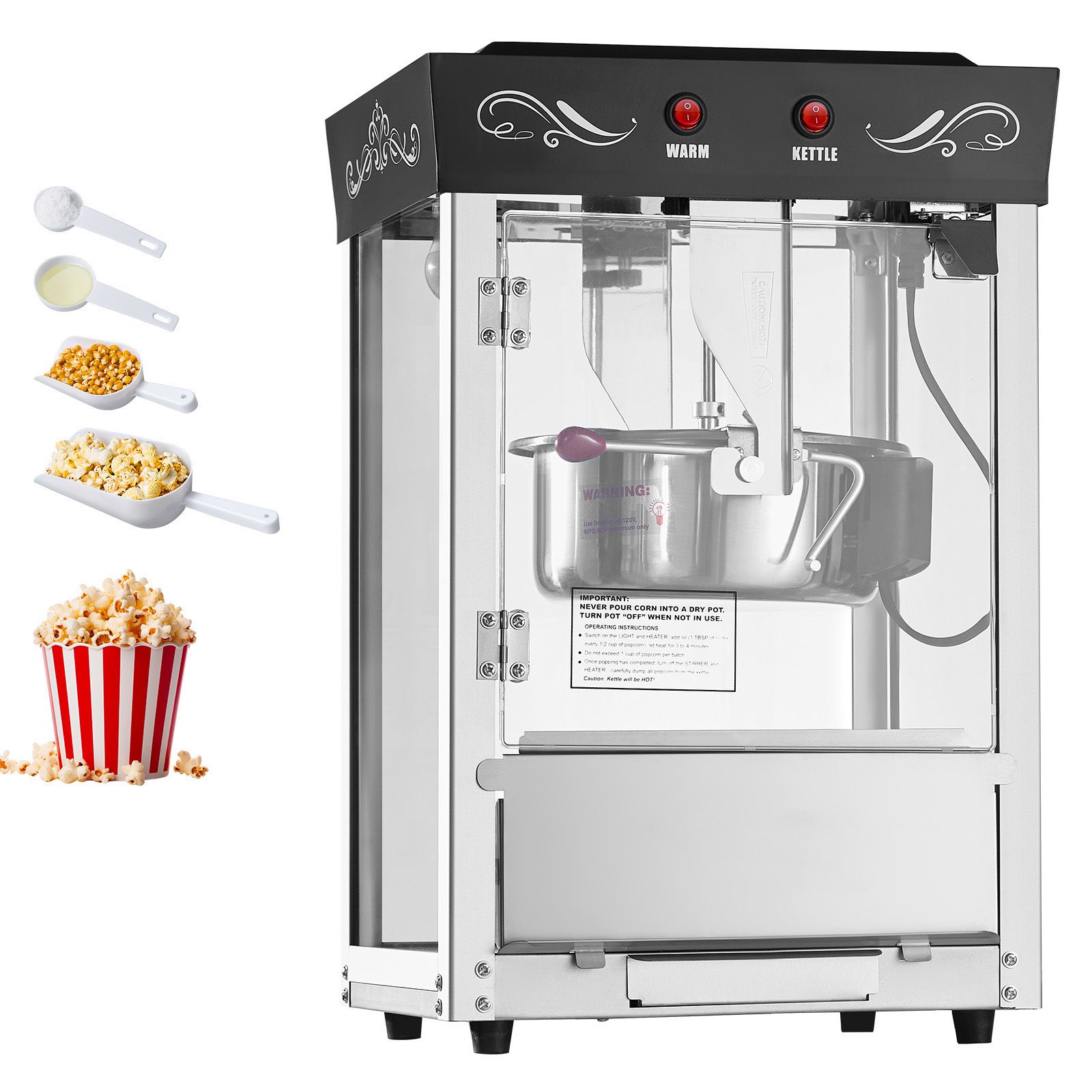 Professionelle Popcornmaschine, 0,2 Kg, 800 W, 48 Portionen Pro Durchgang, Glastür, 2 Tasten, Schwarz