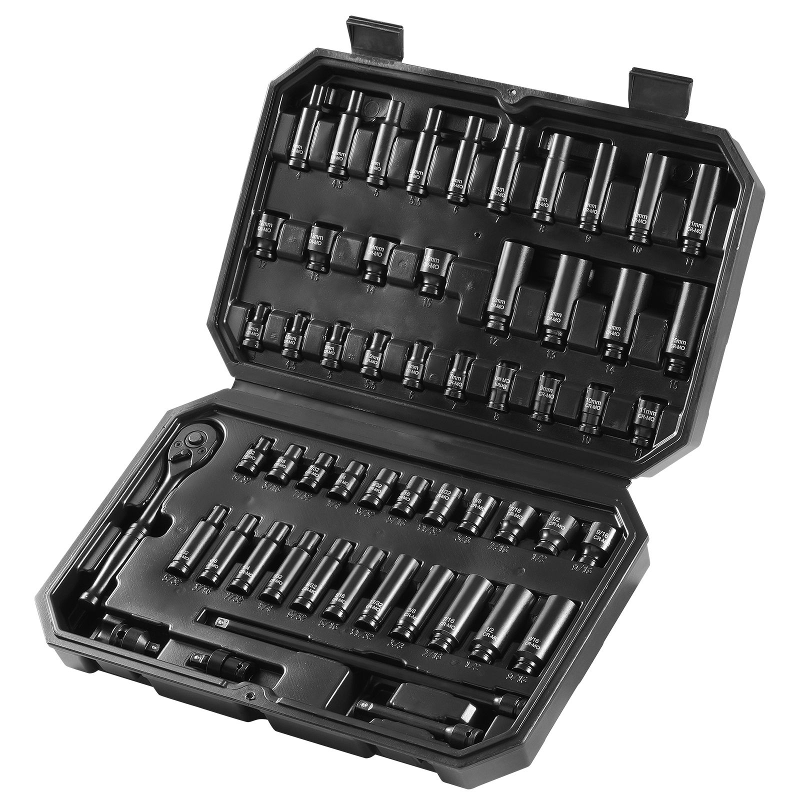 1/4"-schlagschrauber-steckschlüsselsatz, 55-teilig, Tief Und Standard, Sae 5/32"-9/16" Und Metrisch 4-15 Mm, Cr-v-stahl, Gut Lesbare Markierungen, Aufbewahrungskoffer.