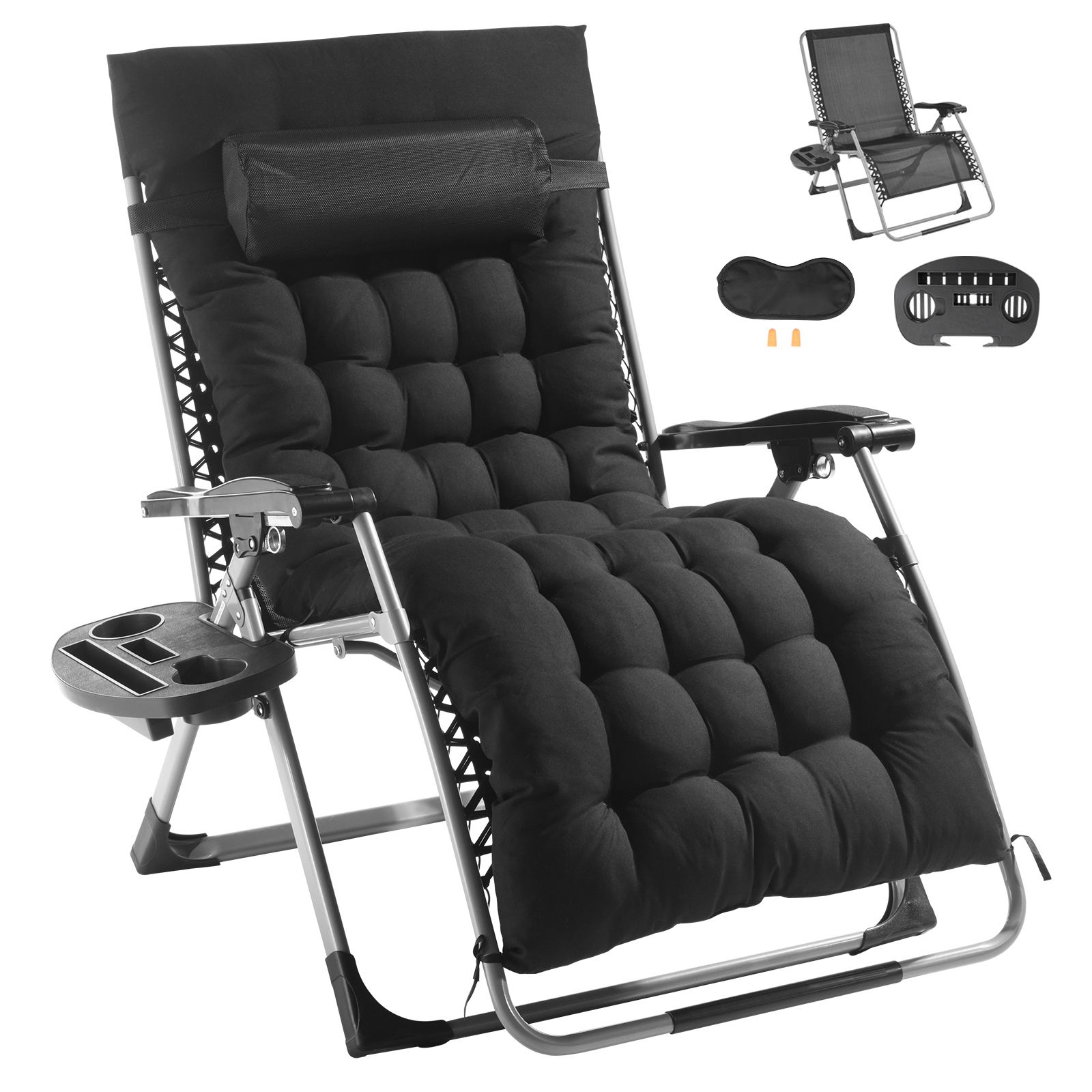Zero Gravity Chair 33 Zoll, Verstellbare Rückenlehne Für Den Innen- Und Außenbereich, Mit Kissen, Kopfstütze, Fußstütze, Getränkehalter, 500 Pfund, Schwarz.
