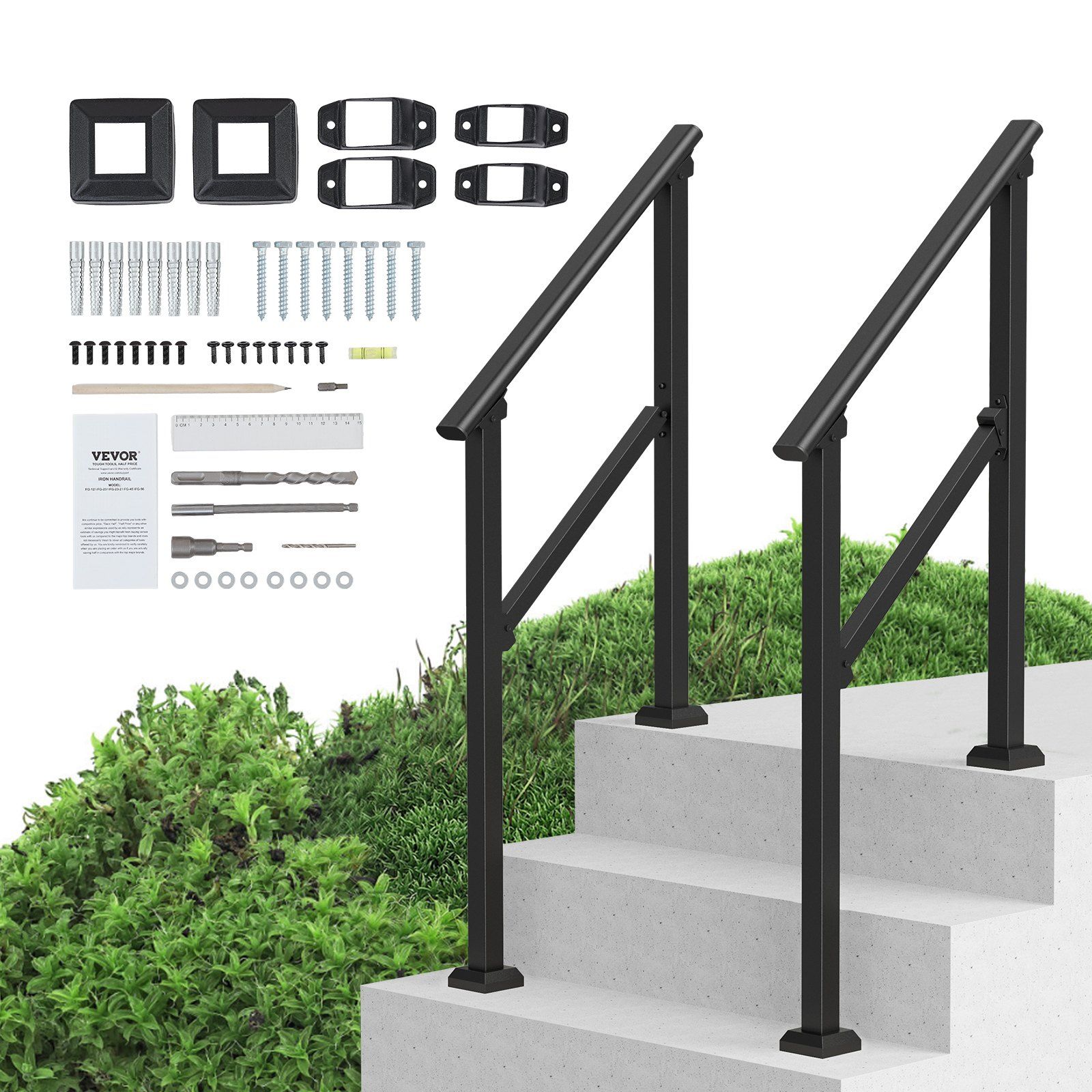 Treppengeländer-set Für Den Außenbereich, 2-teilig Für 2-3 Stufen, Kohlenstoffstahl Inklusive Befestigungsmaterial, Schwarz, Für Beton, Terrasse Und Veranda, Für Seniorensicherheit.