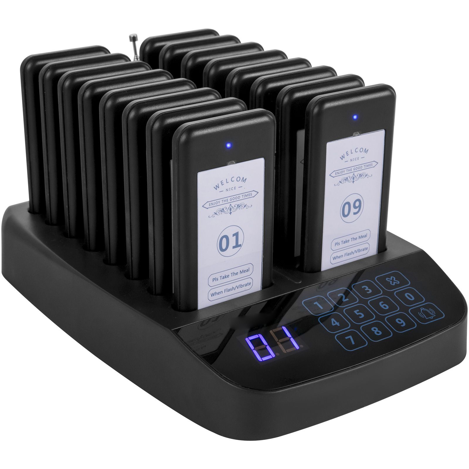 Drahtloses Pagersystem Für Restaurants, 16 Pager, Maximale Reichweite 98 M, Touchscreen, Vibration, Blitzlicht Und Klingelton, Ideal Für Hotels Und Cafés