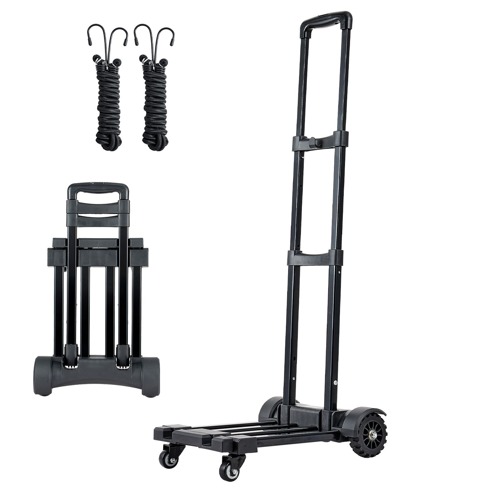 Faltbarer Transportwagen, Tragkraft 131,5 Kg, 4-rädriger Handwagen, 2 Elastische Gurte Und Ausziehbarer Fuß, Für Gepäck, Büro Und Umzüge, Schwarz.