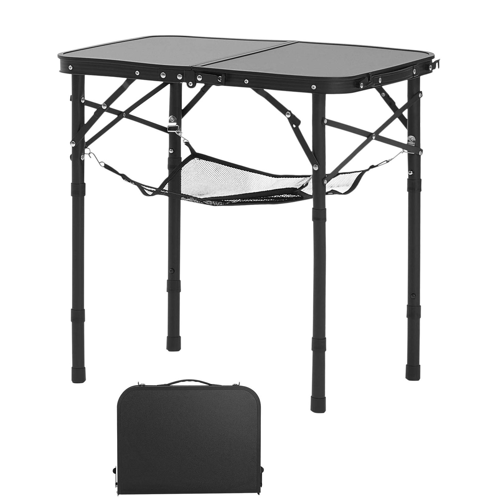 Klappbarer Campingtisch, Höhenverstellbar, Tragbarer Beistelltisch Aus Aluminium Und Mdf, Mit Ablagefläche Aus Drahtgeflecht Und Tragegriff, Leicht Und Kompakt Für Picknicks, Grillabende Und Outdoor-k