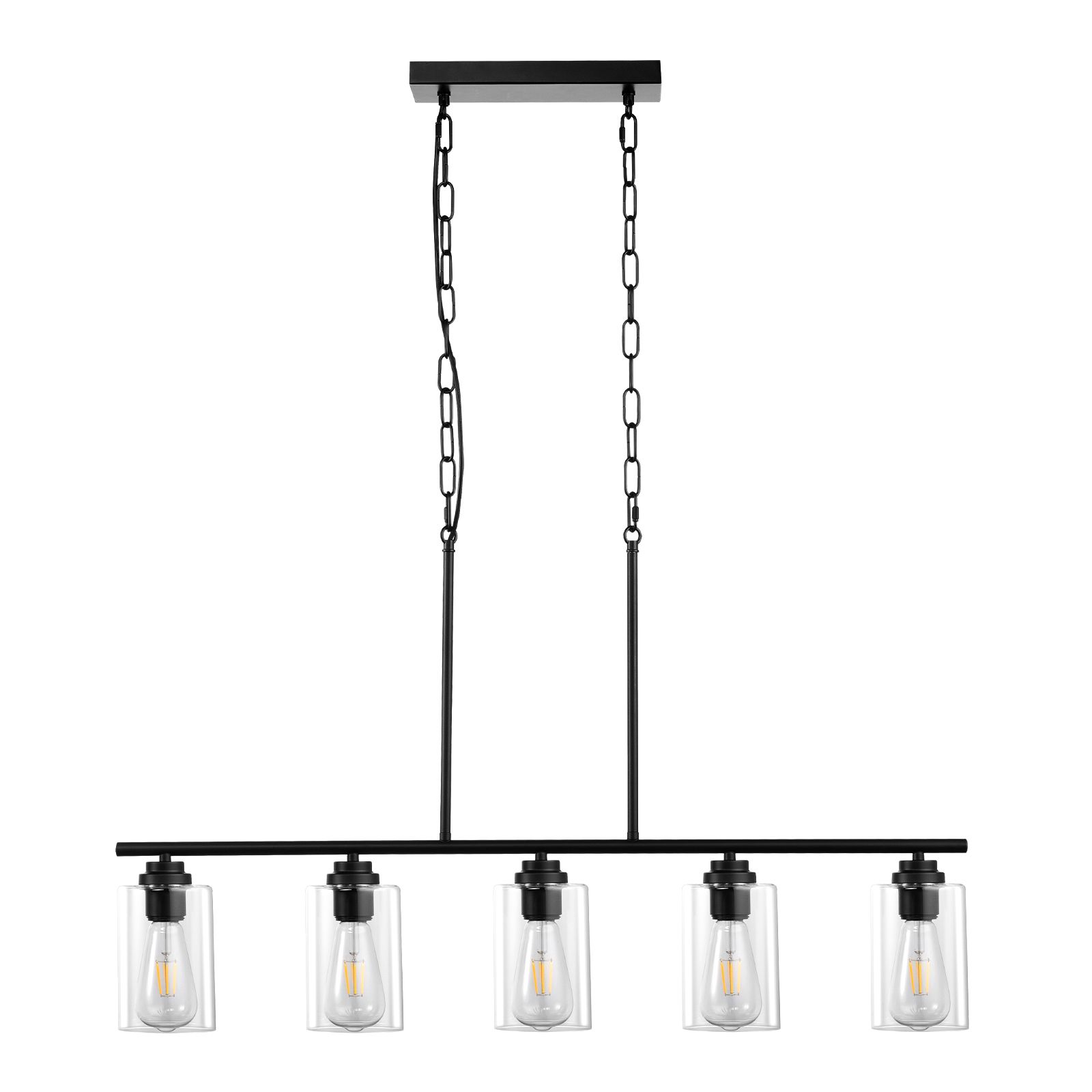 5-flammiger Linearer Kronleuchter Für Kücheninseln, 60 W, Verstellbare Pendelleuchte Mit Klarem Glasschirm, 4 Metallstangen Und 2 Metallketten, Metallrahmen Im Landhausstil, E27