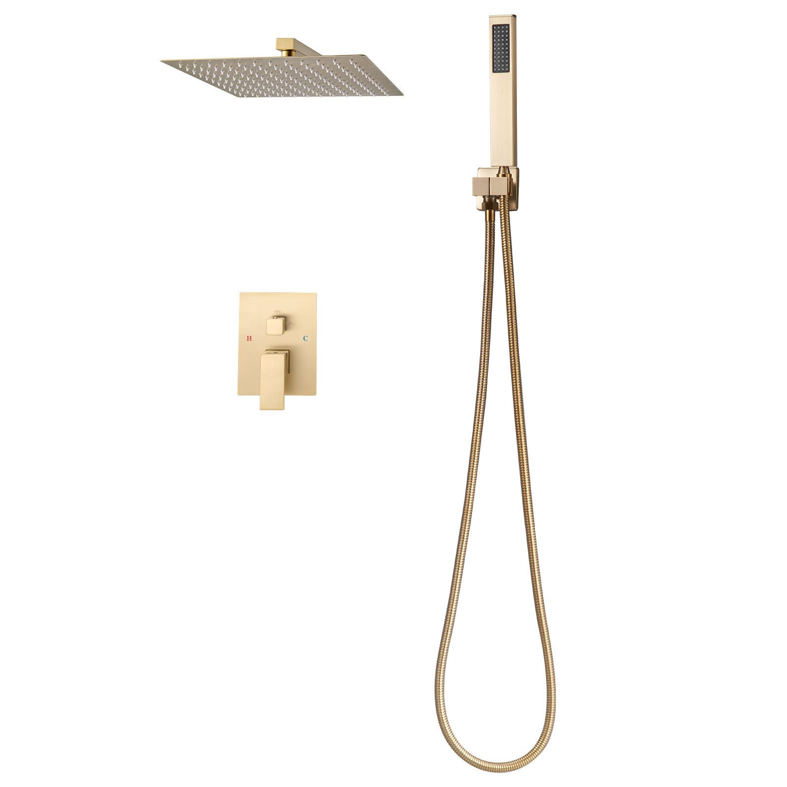 Wandmontiertes Duschset Mit 25,4 Cm Quadratischem Regenduschkopf Und Handbrause, Armaturen Aus Gebürstetem Messing In Goldoptik, Elegante Ausführung.